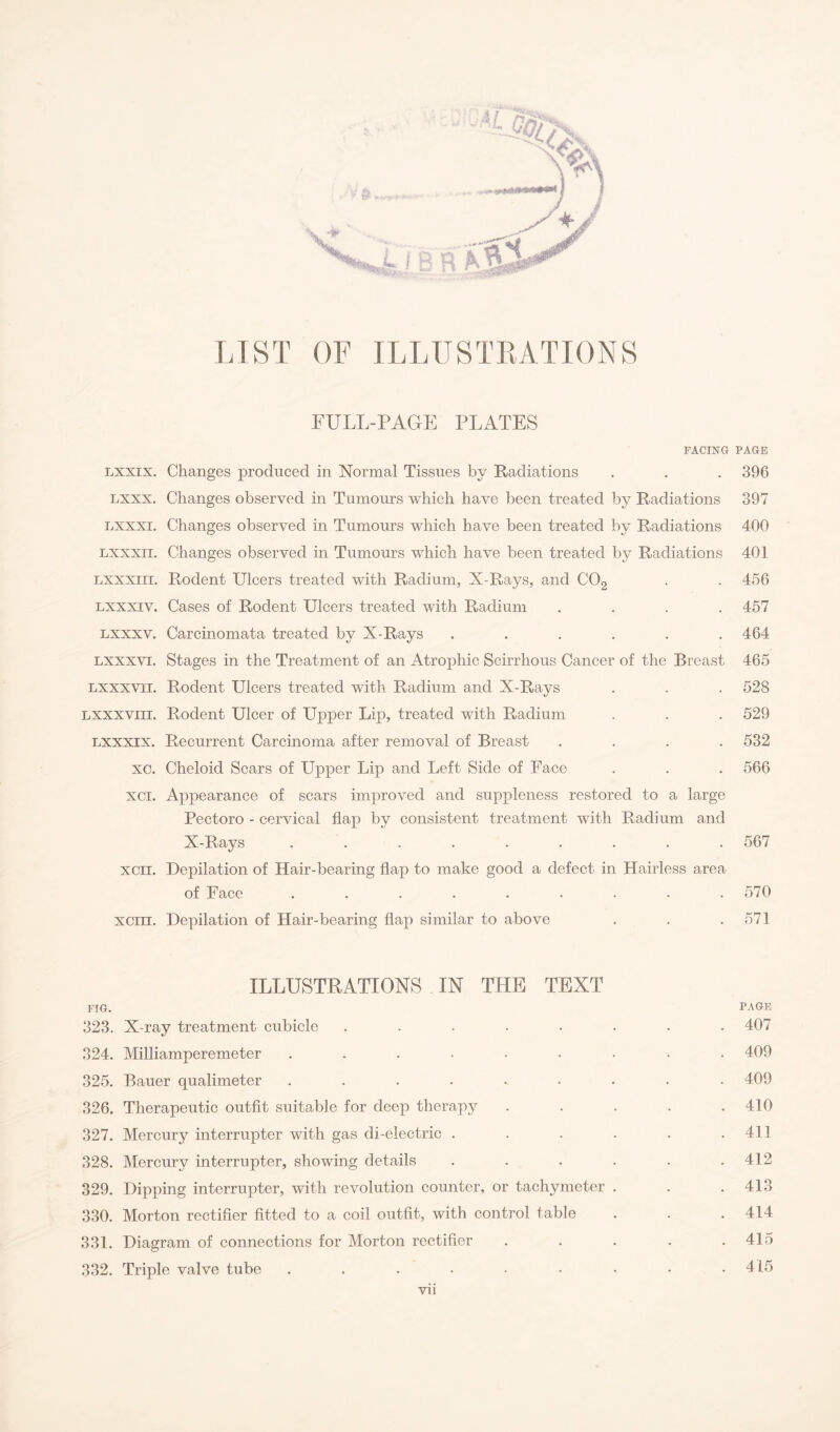 LIST OF ILLUSTRATIONS FULL-PAGE PLATES FACING PAGE lxxix. Changes produced in Normal Tissues by Radiations . . . 396 lxxx. Changes observed in Tumours which have been treated by Radiations 397 lxxxi. Changes observed in Tumours which have been treated by Radiations 400 lxxxii. Changes observed in Tumours which have been treated by Radiations 401 lxxxiii. Rodent Ulcers treated with Radium, X-Rays, and C02 . . 456 lxxxiv. Cases of Rodent Ulcers treated with Radium .... 457 lxxxv. Carcinomata treated by X-Rays . . . . . .464 lxxxvt. Stages in the Treatment of an Atrophic Scirrhous Cancer of the Breast 465 lxxxvti. Rodent Ulcers treated with Radium and X-Rays . . . 528 lxxxviii. Rodent Ulcer of Upper Lip, treated with Radium . . . 529 lxxxix. Recurrent Carcinoma after removal of Breast .... 532 xc. Cheloid Scars of Upper Lip and Left Side of Face . . . 566 xci. Appearance of scars improved and suppleness restored to a large Pectoro - cervical flap by consistent treatment with Radium and X-Rays ... . . . . . . 567 xch. Depilation of Hair-bearing flap to make good a defect in Hairless area of Face ......... 570 xcm. Depilation of Hair-bearing flap similar to above . . .571 ILLUSTRATIONS IN THE TEXT FIG. PAGE 323. X-ray treatment cubicle ........ 407 324. Milliamperemeter ......... 409 325. Bauer qualimeter ......... 409 326. Therapeutic outfit suitable for deep therapy . . . . .410 327. Mercurjr interrupter with gas di-electric . . . . . .411 328. Mercury interrupter, showing details . . . . . .412 329. Dipping interrupter, with revolution counter, or tachymeter . . .413 330. Morton rectifier fitted to a coil outfit, with control table . . . 414 331. Diagram of connections for Morton rectifier . . . . .415 332. Triple valve tube . . . • • • < - .415