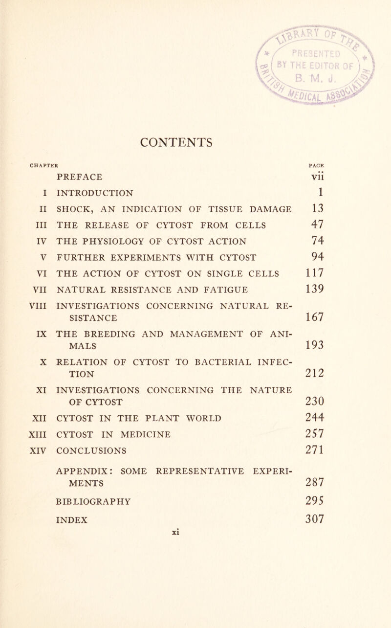 CONTENTS CHAPTER PAGE PREFACE vii I INTRODUCTION 1 II SHOCK, AN INDICATION OF TISSUE DAMAGE 13 III THE RELEASE OF CYTOST FROM CELLS 47 IV THE PHYSIOLOGY OF CYTOST ACTION 74 V FURTHER EXPERIMENTS WITH CYTOST 94 VI THE ACTION OF CYTOST ON SINGLE CELLS 117 VII NATURAL RESISTANCE AND FATIGUE 139 VIII INVESTIGATIONS CONCERNING NATURAL RE- SISTANCE 167 IX THE BREEDING AND MANAGEMENT OF ANI- MALS 193 X RELATION OF CYTOST TO BACTERIAL INFEC- TION 212 XI INVESTIGATIONS CONCERNING THE NATURE OF CYTOST 230 XII CYTOST IN THE PLANT WORLD 244 XIII CYTOST IN MEDICINE 257 XIV CONCLUSIONS 271 APPENDIX: SOME REPRESENTATIVE EXPERI- MENTS 287 BIBLIOGRAPHY 295 INDEX 307