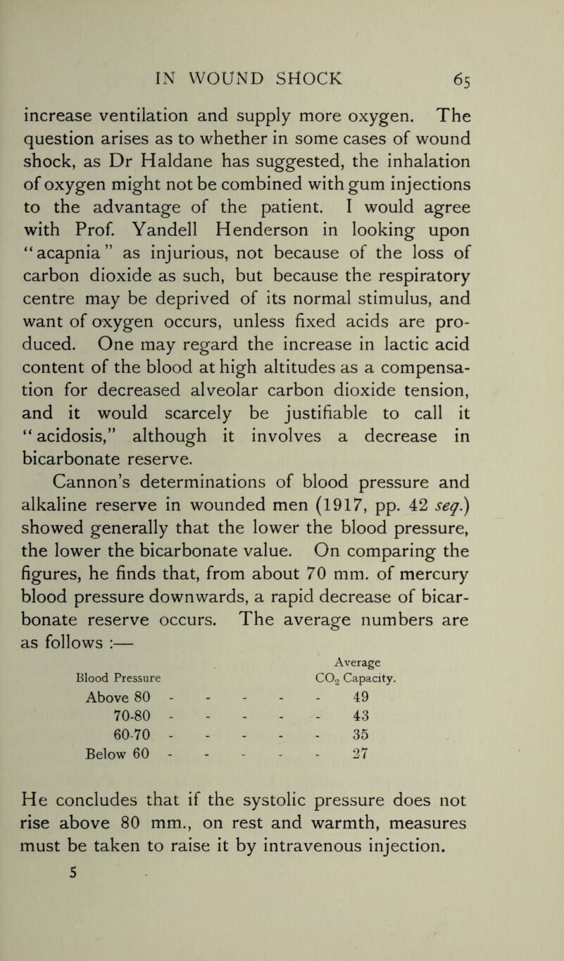 increase ventilation and supply more oxygen. The question arises as to whether in some cases of wound shock, as Dr Haldane has suggested, the inhalation of oxygen might not be combined with gum injections to the advantage of the patient. I would agree with Prof. Yandell Henderson in looking upon “acapnia” as injurious, not because of the loss of carbon dioxide as such, but because the respiratory centre may be deprived of its normal stimulus, and want of oxygen occurs, unless fixed acids are pro¬ duced. One may regard the increase in lactic acid content of the blood at high altitudes as a compensa¬ tion for decreased alveolar carbon dioxide tension, and it would scarcely be justifiable to call it “ acidosis,” although it involves a decrease in bicarbonate reserve. Cannon’s determinations of blood pressure and alkaline reserve in wounded men (1917, pp. 42 seq.) showed generally that the lower the blood pressure, the lower the bicarbonate value. On comparing the figures, he finds that, from about 70 mm. of mercury blood pressure downwards, a rapid decrease of bicar¬ bonate reserve occurs. The average numbers are as follows :— Average Blood Pressure COs Capacity. Above 80 - - - - 49 70-80 - - - - - 43 60-70 - - - - - 35 Below 60 - - - - 27 He concludes that if the systolic pressure does not rise above 80 mm., on rest and warmth, measures must be taken to raise it by intravenous injection. 5