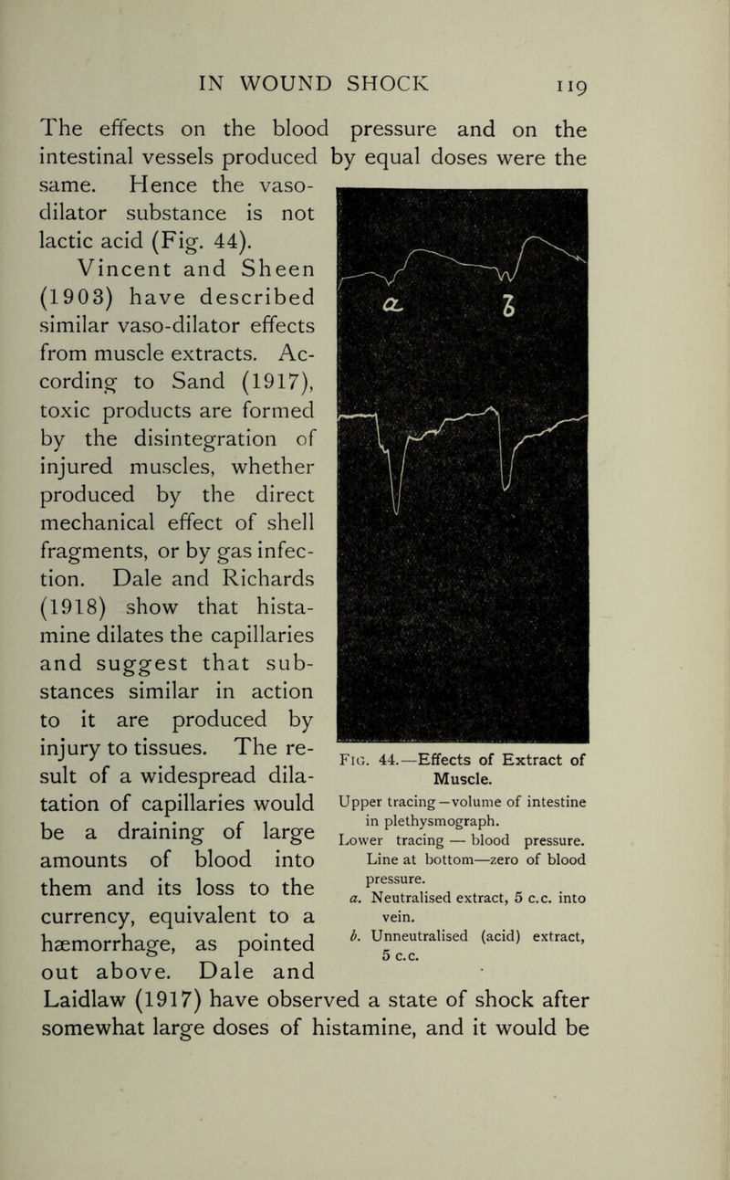 The effects on the blood pressure and on the intestinal vessels produced by equal doses were the same. Hence the vaso¬ dilator substance is not lactic acid (Fig. 44). Vincent and Sheen (1903) have described similar vaso-dilator effects from muscle extracts. Ac¬ cording to Sand (1917), toxic products are formed by the disintegration of injured muscles, whether produced by the direct mechanical effect of shell fragments, or by gas infec¬ tion. Dale and Richards (1918) show that hista¬ mine dilates the capillaries and suggest that sub¬ stances similar in action to it are produced by injury to tissues. The re¬ sult of a widespread dila¬ tation of capillaries would be a draining of large amounts of blood into them and its loss to the currency, equivalent to a haemorrhage, as pointed out above. Dale and Laidlaw (1917) have observed a state of shock after somewhat large doses of histamine, and it would be Fig. 44.—Effects of Extract of Muscle. Upper tracing—volume of intestine in plethysmograph. Lower tracing — blood pressure. Line at bottom—zero of blood pressure. a. Neutralised extract, 5 c.c. into vein. b. Unneutralised (acid) extract, 5 c.c.