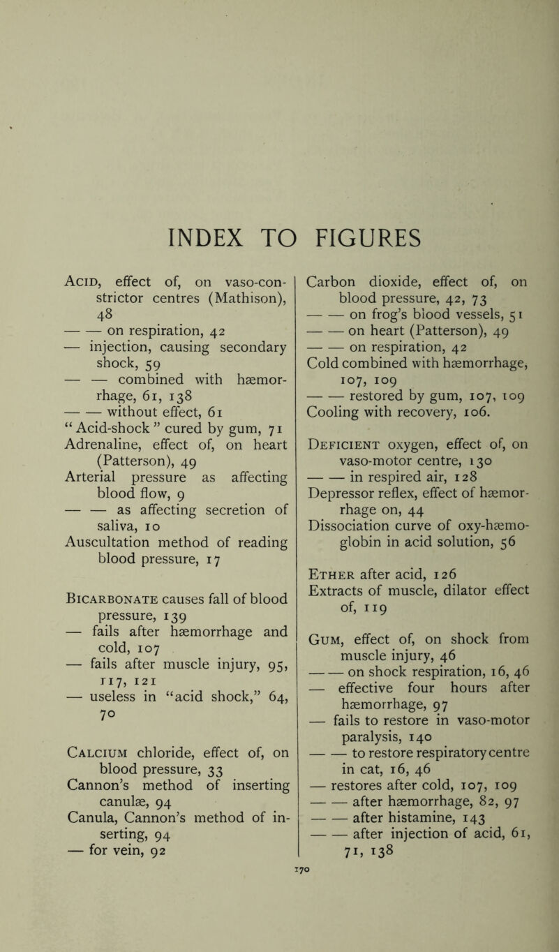INDEX TO FIGURES Acid, effect of, on vasocon¬ strictor centres (Mathison), 48 -on respiration, 42 — injection, causing secondary shock, 59 — — combined with haemor¬ rhage, 61, 138 -without effect, 61 “Acid-shock” cured by gum, 71 Adrenaline, effect of, on heart (Patterson), 49 Arterial pressure as affecting blood flow, 9 — — as affecting secretion of saliva, 10 Auscultation method of reading blood pressure, 17 Bicarbonate causes fall of blood pressure, 139 — fails after haemorrhage and cold, 107 — fails after muscle injury, 95, 117, 121 — useless in “acid shock,” 64, 70 Calcium chloride, effect of, on blood pressure, 33 Cannon’s method of inserting canulae, 94 Canula, Cannon’s method of in¬ serting, 94 — for vein, 92 Carbon dioxide, effect of, on blood pressure, 42, 73 -on frog’s blood vessels, 51 -on heart (Patterson), 49 -on respiration, 42 Cold combined with haemorrhage, 107, 109 -restored by gum, 107, 109 Cooling with recovery, 106. Deficient oxygen, effect of, on vaso-motor centre, 130 -in respired air, 128 Depressor reflex, effect of haemor¬ rhage on, 44 Dissociation curve of oxy-haemo- globin in acid solution, 56 Ether after acid, 126 Extracts of muscle, dilator effect of, 119 Gum, effect of, on shock from muscle injury, 46 -on shock respiration, 16, 46 — effective four hours after haemorrhage, 97 — fails to restore in vaso-motor paralysis, 140 -to restore respiratory centre in cat, 16, 46 — restores after cold, 107, 109 -after haemorrhage, 82, 97 -after histamine, 143 -after injection of acid, 61, 71,138