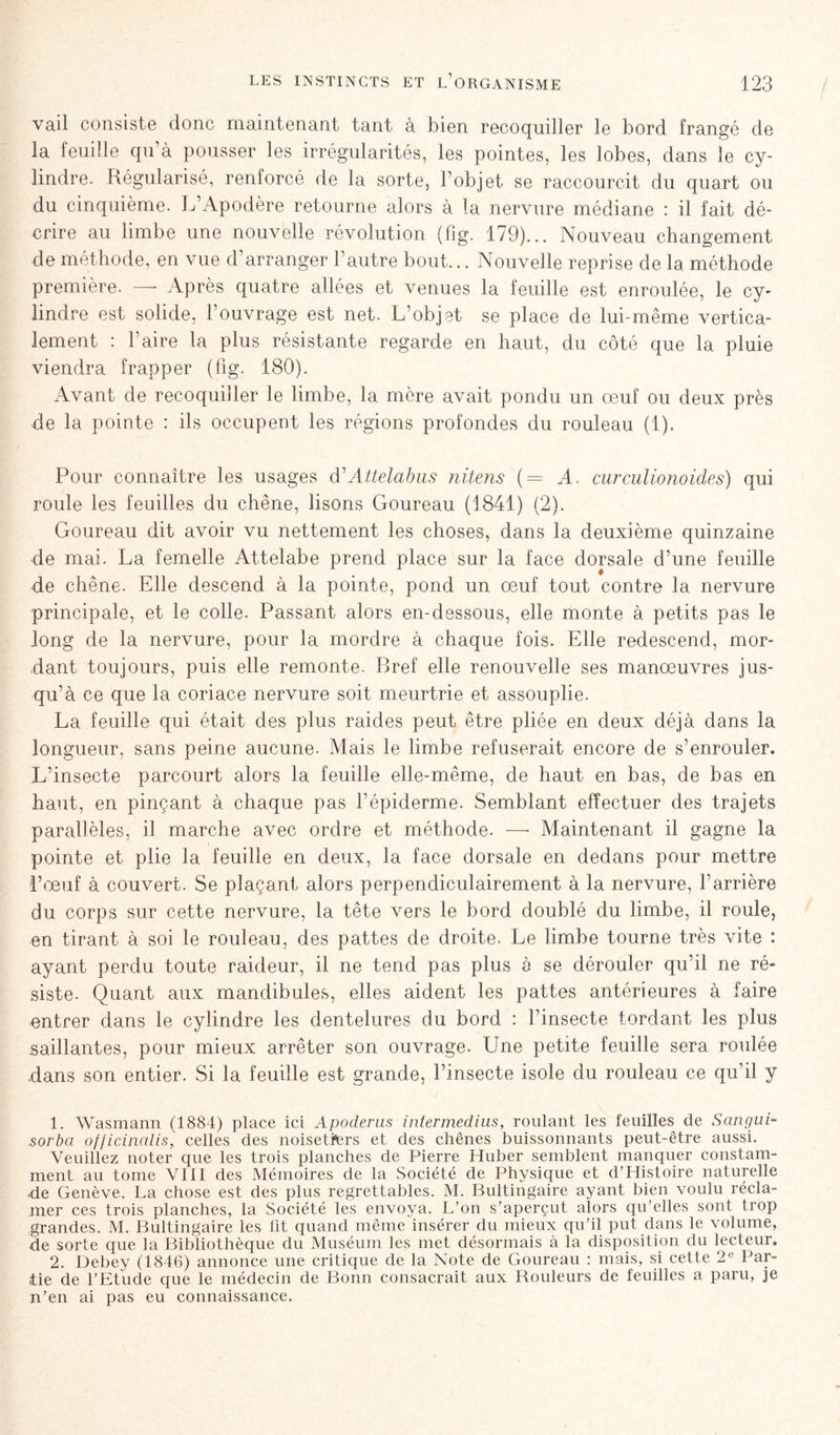 vail consiste donc maintenant tant à bien recoquiller le bord frangé de la feuille qu’à pousser les irrégularités, les pointes, les lobes, dans le cy- lindre. Régularisé, renforcé de la sorte, l’objet se raccourcit du quart ou du cinquième. L’Apodère retourne alors à la nervure médiane : il fait dé- crire au limbe une nouvelle révolution (fig. 179)... Nouveau changement de méthode, en vue d’arranger l’autre bout... Nouvelle reprise de la méthode première. — Après quatre allées et venues la feuille est enroulée, le cy- lindre est solide, l’ouvrage est net. L’objet se place de lui-même vertica- lement : b aire la plus résistante regarde en haut, du côté que la pluie viendra frapper (fig. 180). Avant de recoquiller le limbe, la mère avait pondu un œuf ou deux près de la pointe : ils occupent les régions profondes du rouleau (1). Pour connaître les usages d'Attelabus nitens (= A. curculionoides) qui roule les feuilles du chêne, lisons Goureau (1841) (2). Goureau dit avoir vu nettement les choses, dans la deuxième quinzaine de mai. La femelle Attelabe prend place sur la face dorsale d’une feuille de chêne. Elle descend à la pointe, pond un œuf tout contre la nervure principale, et le colle. Passant alors en-dessous, elle monte à petits pas le long de la nervure, pour la mordre à chaque fois. Elle redescend, mor- dant toujours, puis elle remonte. Bref elle renouvelle ses manœuvres jus- qu’à ce que la coriace nervure soit meurtrie et assouplie. La feuille qui était des plus raides peut être pliée en deux déjà dans la longueur, sans peine aucune. Mais le limbe refuserait encore de s’enrouler. L’insecte parcourt alors la feuille elle-même, de haut en bas, de bas en haut, en pinçant à chaque pas bépiderme. Semblant effectuer des trajets parallèles, il marche avec ordre et méthode. —- Maintenant il gagne la pointe et plie la feuille en deux, la face dorsale en dedans pour mettre l’oeuf à couvert. Se plaçant alors perpendiculairement à la nervure, barrière du corps sur cette nervure, la tête vers le bord doublé du limbe, il roule, en tirant à soi le rouleau, des pattes de droite. Le limbe tourne très vite : ayant perdu toute raideur, il ne tend pas plus à se dérouler qu’il ne ré- siste. Quant aux mandibules, elles aident les pattes antérieures à faire entrer dans le cylindre les dentelures du bord : l’insecte tordant les plus saillantes, pour mieux arrêter son ouvrage. Une petite feuille sera roulée dans son entier. Si la feuille est grande, l’insecte isole du rouleau ce qu’il y 1. Wasmann (1884) place ici Apoderus intermedius, roulant les feuilles de S an gui- sorba ofjicinalis, celles des noisetiers et des chênes buissonnants peut-être aussi. Veuillez noter que les trois planches de Pierre Huber semblent manquer constam- ment au tome VIII des Mémoires de la Société de Physique et d’Histoire naturelle <de Genève. La chose est des plus regrettables. M. Bultingaire ayant bien voulu récla- mer ces trois planches, la Société les envoya. L’on s’aperçut alors qu’elles sont trop grandes. M. Bultingaire les fit quand même insérer du mieux qu’il put dans le volume, de sorte que la Bibliothèque du Muséum les met désormais à la disposition du lecteur. 2. Debey (1846) annonce une critique de la Note de Goureau : mais, si cette 2e Par- tie de l’Etude que le médecin de Bonn consacrait aux Rouleurs de feuilles a paru, je n’en ai pas eu connaissance.