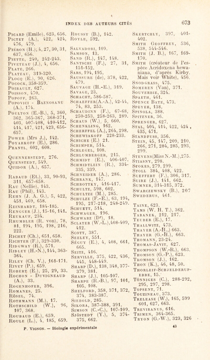 Picard (Emile), 623, 656. Pictet (A.), 422, 424, 476, 479. Piéron (H.); 4, 27, 30, 31, 637, 656. Piette, 240, 242-243. Piveteau (J.), 4, 656. Plate, 266. Plateau, 319-320. Plocq (E.), 90, 626. Pocock, 358-359. Poirault, 627. Poisson, 470. Popoff, 263. PoPOyici - Baznosanu (A.), 174. Poulton (E.-B.), 5, 360, 362, 365-367, 368-371, 403, 407-408, 410-412, 414, 417, 421, 423, 656- 657. Power (Mrs J.), 142. PoYARKOFF (E.), 286. Prantl, 602, 608. Quennerstedt, 276. Quenstedt, 549. Quidor (A.), 657. Rabaud (Et.), 33, 90-93, 311, 657-658. Rau (Nellie), 143. Rau (Phil), 143. Rehn (J. A. G.), 5, 422, 451, 469, 658. Reinhardt, 184-185. Rengger (J.), 15-16, 141. Reukauf, 234. Rhumbler (R. von), 78, 81, 194, 195, 198, 216, 222. Richet (Ch.), 651, 658. Richter (F.), 329-330. Ridgway (R.), 571. Ridley (H.-N.),144, 363- 364. Riley (Ch. Y.), 161-171. Rivet (P.), 659. Robert (E.), 25, 29, 33. Rochon - Duvigneaud (A.), 33. Rogenhofer, 396. Romanes, 25. Rôsel, 74. Rothmann (M.), 17. Rothschild (W.), 96, 107, 368. Roubaud (E.), 659. Roule (L.), 4, 185, 659. P. Vignon. — Biologie Roussy (B.), 142. Royle, 592. Salvadori, 109. Samson, 13. Sand (R.), 147, 148. Santschi (F.), 27, 31, 151-152. Sars, 194, 195. Saussure (de), 378, 422, 479. Sauvage (H.-E.), 319. Savage, 23. Sciiacht, 586-587. Schaeffer(A.-A.), 42-44, 74, 83, 253. Schaudinn (F.), 67-68, 250-253, 258-263, 289. Schaus (W.), 5, 660. Schenkling, 162. Scherffel (A.), 264, 298. Schewiakoff 228-233. Schiche (E.), 21. SCHIMPER, 514. SCHLEGEL, 108. SCHLUMBERGER, 215. Schmidt (E.), 406-407. SCHMIDTLEIN (R.), 334- 335, 339. Schneider (A.), 286. Schrank, 147. SCFIROTTKY, 416-417. Schultz, 598, 602. Schultze (M.), 285. Schulze (F.-E.), 63, 194, 195, 217-218, 248-249. SCHUETT, 514. SCHWAGER, 196. Schwarz (Dr), 18. Sclater (W.-L.),408-409, 412. Scott, 387. Seeley, 551. Séguy (E.), 4, 408, 661, 665. Seitz, 416. Serville, 375, 422, 436, 445, 448-449. Sharp (D.), 138, 348, 377- 379, 381. Sharp (J.), 105-107. Sharpe (R.-B.), 97, 101, 105, 108. Shelford, 358, 371, 372, 374, 383-387. Siebold, 285. Sikora, 387-388, 391. Simson (C.-C.), 107-109. Sjostedt (Y.), 5, 374- 375, 662. expérimentale Skertciily, 397, 401- 402. Smith Geoffrey, 536, 538, 544-546. Smith (J. B.), 167, 169- 170. Smith (créateur de Fes- pèce Acridoxena hewa- niana, d’après Kirby. Mais voir White), 456. Snodgrass, 475. Someren (Van), 371. Souverbie, 324. Spaeth, 461. Spence Bâte, 473. Speyer, 138. Spinola, 388. Spttzner, 36. Sprenger, 627. Stal, 404, 414, 422, 424 , 435, 471. Standfuss, 356. Stein, 45, 147, 209, 210, 266, 271, 284,285,293, 299. STEVENs(MissN.-M.),275. Stiasny, 298. Stores, 279, 299. Stoll 384, 408, 422. Sueffert (F.), 306, 317. Suire (J.), 141, 662. Sumner, 314-315, 372. Swarczewsky (B.), 207 SWEDERUS, 461. Taine, 623. Tams (W. H. T.), 362. Taranek, 212, 217. Teuber (E.), 17. Thallwitz, 473. Thayer (A.-H.,) 663. Thayer (G.-H.), 663. Thomann, 23-24. Thomas-Javit, 627. Thompson (W.-R.), 663. Thomson (G.-P.), 623. Thomson (J.), 162. Thon (K.), 46, 48, 50. Thorleif-Schjelderup- r1 t) t> r Ai * Tônniges (C.), 288-292, 295, 297, 298. Topsent, 71. Touzineau, 373. Trelease (W.), 165, 599 601, 627, 663. Treviranus, 616. Trimen, 364-365. Tryon (G.-W.), 323, 326 43