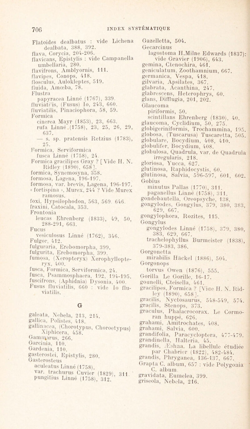 Flatoides dealbatus : vide Lichena dealbata, 388, 392. flava, Corycia, 204-206. flavicans, Epistylis : vide Campanella umbellaria, 280. flavifrons, Amblyornis, 111. flavipes, Conops, 418. flosculus, Aulokleptes, 519. fluida, Amœba, 78. Flustra papyracea Linné (1767), 339. fluviati'is, (Fusus) Io, 243, 660. fluviatilis, Pinaciophora, 58, 59. Formica cinerea Mayr (1853), 23, 663. rufa Linné. (1758), 23, 25, 26, 29, 637. — s. sp. pratensis Retzius (1783), 25. Formica, Serviformica fusca Linné (1758), 24. Formica gracilipes Gray ? [Vide H. N. Ridley (1890), 658]. formica, Synemosyna, 358. formosa, Lagena, 196-197. formosa, var. brevis, Lagena, 196-197. « fortispina », Murex, 244 ? Vide Murex ramosus. foxi, Hypsilophodon, 563, 569. 646. fraxini, Catocala, 353. Frontonia leucas Ehrenberg (1833), 49, 50, 288-291, 663. Fucus vesiculosus Linné (1762), 346. Fulgor, 412. fulguraria, Erebomorpha, 399. fulgurita, Erebomorpha, 399. fumosa, (Xeropteryx) Xerophyllopte- ryx, 400. fusca, Formica, Serviformica, 24. fusca, Psammosphaera, 192, 194-195. fuscifrons, (Aphidnia) Dysonia, 400. Fusus fluviatilis, 660 : vide Io flu- viatilis. G galeata, Nebela, 213, 214. gallica, Polistes, 418. gallinacea, (Chorotypus, Choroetypus) Xiphicera, 458. Gamnvarus, 266. Garcinia, 110. Gardénia, 110. gasterostei, Epistylis, 280. Gasterosteus aculeatus Linné (1758). var. trachurus Cuvier (1829) 311. pungitius Linné (1758), 312. Gazelletta, 504. Gecarcinus lagostoma H.Milne Edwards (1837): vide Gravier (1906), 643. gemina, Ctenochira, 461. geniculatum, Zoothamnium, 667. germanica, Vespa, 418. gilvaria, Apsilates, 367. glabrata, Acanthina, 247. glabrescens, Heterophrys, 60. glans, Difflugia, 201, 202. Glaucoma piriformis, 50. scintillans Ehrenberg (1830), 40. glaucoma, Cyclidium, 50, 275. globigeriniformis, Trochammina, 195. globosa, (Tuscarusa) Tuscaretta, 505. globulare, Bocydium, 408, 410. globulifer, Bocydium, 408. globulosa, Quadrula, var. de Quadrilla irregularis, 218. gloriosa, Yucca, 627. glutinosa, Raphidocystis, 60. glutinosa, Salvia, 596-597, 601, 602. Gobius minutus Pallas (1770), 311. paganellus Linné (1758), 311. gondebautella, Oreopsyche, 138. gongylodes, Gongylus, 379, 380, 383, 629, 667. gongylophora, Rozites, 115. Gongylus gongylodes Linné (1758), 379, 380, 383, 629, 667. trachelophyllus Burmeister (1838), 379-383, 386. Gorgonetta mirabilis Hàckel (1886), 504. Gorgonops torvus Owen (1876), 555. Gorilla Le Gorille, 16-17. gounelli, Cteisella, 461. gracilipes, Formica ? [Vicie H. N. Rid- ley (1890), 658]. gracilis, Nyctosaurus, 548-549, 574. grapilis, Stenops, 373. graculus, Phalacrocorax. Le Cormo- ran huppé, 626. grahami, Amitrochates, 408. grahami, Salvia, 600. grandifolia, Paracycloptera, 477-479. grandinella, flalteria, 45. grandis, Æshna. La libellule étudiée par Chabrier (1822), 482-484. grandis, Phryganea, 136-137, 667. Grapta C. album, 657 : vide Polygonia C. album. gravidata, Eumelea, 399. griseola, Nebela, 216.