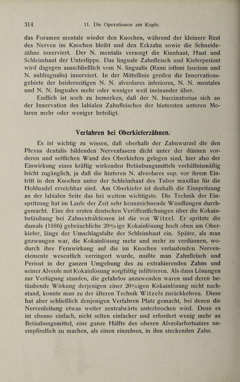 das Foramen mentale wieder den Knochen, während der kleinere Rest des Nerven im Knochen bleibt und den Eckzahn sowie die Schneide¬ zähne innerviert. Der N. mentalis versorgt die Kinnhaut, Haut und Schleimhaut der Unterlippe. Das linguale Zahnfleisch und Kieferperiost wird dagegen ausschließlich vom N. lingualis (Rami isthmi faucium und N. sublingualis) innerviert. In der Mittellinie greifen die Innervations¬ gebiete der beiderseitigen N. N. alveolares inferiores, N. N. mentales und N. N. linguales mehr oder weniger weit ineinander über. Endlich ist noch zu bemerken, daß der N. buccinatorius sich an der Innervation des labialen Zahnfleisches der hintersten unteren Mo¬ laren mehr oder weniger beteiligt. Verfahren bei Oberkieferzähnen. Es ist wichtig zu wissen, daß oberhalb der Zahnwurzel die den Plexus dentalis bildenden Nervenfasern dicht unter der dünnen vor¬ deren und seitlichen Wand des Oberkiefers gelegen sind, hier also der Einwirkung eines kräftig wirkenden Betäubungsmittels verhältnismäßig leicht zugänglich, ja daß die hinteren N. alveolares sup. vor ihrem Ein¬ tritt in den Knochen unter der Schleimhaut des Tuber maxillae für die Hohlnadel erreichbar sind. Am Oberkiefer ist deshalb die Einspritzung an der labialen Seite das bei weitem wichtigste. Die Technik der Ein¬ spritzung hat im Laufe der Zeit sehr kennzeichnende Wandlungen durch¬ gemacht. Eine der ersten deutschen Veröffentlichungen über die Kokain¬ betäubung bei Zahnextraktionen ist die von Witzei. Er spritzte die damals (1886) gebräuchliche 20o/0ige Kokainlösung hoch oben am Ober¬ kiefer, längs der Umschlagsfalte der Schleimhaut ein. Später, als man gezwungen war, die Kokainlösung mehr und mehr zu verdünnen, wo¬ durch ihre Fernwirkung auf die im Knochen verlaufenden Nerven- elemente wesentlich verringert wurde, mußte man Zahnfleisch und Periost in der ganzen Umgebung des zu extrahierenden Zahns und seiner Alveole mit Kokainlösung sorgfältig infiltrieren. Als dann Lösungen zur Verfügung standen, die gefahrlos anzuwenden waren und deren be¬ täubende Wirkung derjenigen einer 20<y0igen Kokainlösung nicht nach¬ stand, konnte man zu der älteren Technik Witzeis zurückkehren. Diese hat aber schließlich denjenigen Verfahren Platz gemacht, bei denen die Nervenleitung etwas weiter zentralwärts unterbrochen wird. Denn es ist ebenso einfach, nicht selten einfacher und erfordert wenig mehr an Betäubungsmittel, eine ganze Hälfte des oberen Alveolarfortsatzes un¬ empfindlich zu machen, als einen einzelnen, in ihm steckenden Zahn.