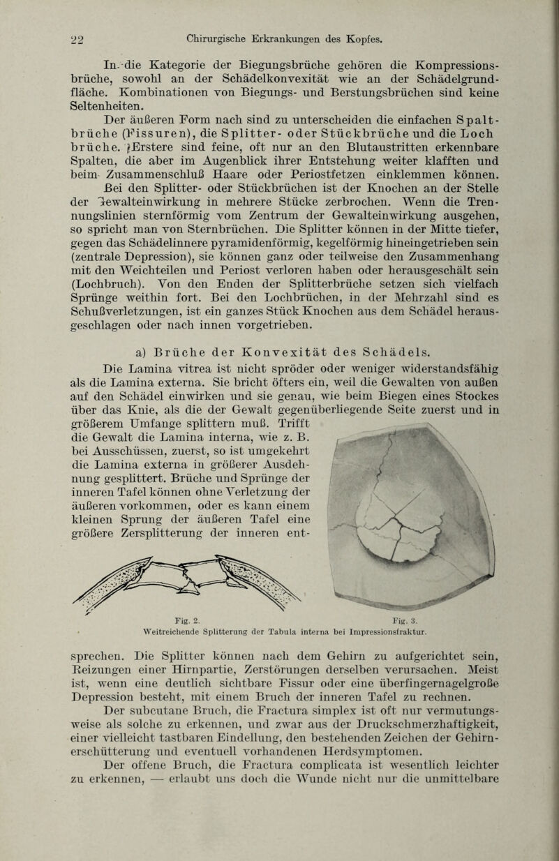 In. die Kategorie der Biegungsbrüche gehören die Kompressions¬ brüche, sowohl an der Schädelkonvexität wie an der Schädelgrund¬ fläche. Kombinationen von Biegungs- und Berstungsbrüchen sind keine Seltenheiten. Der äußeren Form nach sind zu unterscheiden die einfachen Spalt- brüche (Fissuren), die Splitter- oder Stückbrüche und die Loch brüche. jErstere sind feine, oft nur an den Blutaustritten erkennbare Spalten, die aber im Augenblick ihrer Entstehung weiter klafften und beim Zusammenschluß Haare oder Periostfetzen einklemmen können. Bei den Splitter- oder Stückbrüchen ist der Knochen an der Stelle der 'lewalteinwirkung in mehrere Stücke zerbrochen. Wenn die Tren¬ nungslinien sternförmig vom Zentrum der Gewalteinwirkung ausgehen, so spricht man von Sternbrüchen. Die Splitter können in der Mitte tiefer, gegen das Schädelinnere pyramidenförmig, kegelförmig hineingetrieben sein (zentrale Depression), sie können ganz oder teilweise den Zusammenhang mit den Weich teilen und Periost verloren haben oder herausgeschält sein (Lochbruch). Von den Enden der Splitterbrüche setzen sich vielfach Sprünge weithin fort. Bei den Lochbrüchen, in der Mehrzahl sind es Schuß Verletzungen, ist ein ganzes Stück Knochen aus dem Schädel heraus¬ geschlagen oder nach innen vorgetrieben. a) Brüche der Konvexität des Schädels. Die Lamina vitrea ist nicht spröder oder weniger widerstandsfähig als die Lamina externa. Sie bricht öfters ein, weil die Gewalten von außen auf den Schädel einwirken und sie genau, wie beim Biegen eines Stockes über das Knie, als die der Gewalt gegenüberliegende Seite zuerst und in größerem Umfange splittern muß. Trifft die Gewalt die Lamina interna, wie z. B. bei Ausschüssen, zuerst, so ist umgekehrt die Lamina externa in größerer Ausdeh¬ nung gesplittert. Brüche und Sprünge der inneren Tafel können ohne Verletzung der äußeren Vorkommen, oder es kann einem ldeinen Sprung der äußeren Tafel eine größere Zersplitterung der inneren ent- Fig. 2. Weitreichende Splitterung der Tabula i: H 'U Fig. 3. la bei Impressionsfraktur. sprechen. Die Splitter können nach dem Gehirn zu aufgerichtet sein, Beizungen einer Hirnpartie, Zerstörungen derselben verursachen. Meist ist, wenn eine deutlich sichtbare Fissur oder eine überfingernagelgroße Depression besteht, mit einem Bruch der inneren Tafel zu rechnen. Der subcutane Bruch, die Fractura Simplex ist oft nur vermutungs¬ weise als solche zu erkennen, und zwar aus der Druckschmerzhaftigkeit, einer vielleicht tastbaren Eindellung, den bestehenden Zeichen der Gehirn¬ erschütterung und eventuell vorhandenen Herdsymptomen. Der offene Bruch, die Fractura complicata ist wesentlich leichter zu erkennen, — erlaubt uns doch die Wunde nicht nur die unmittelbare