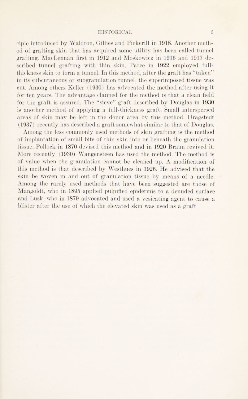 ciple introduced by Waldron, Gillies and Pickerill in 1918. Another meth¬ od of grafting skin that has acquired some utility has been called tunnel grafting. MacLennan first in 1912 and Moskowicz in 1916 and 1917 de¬ scribed tunnel grafting with thin skin. Parce in 1922 employed full¬ thickness skin to form a tunnel. In this method, after the graft has “taken” in its subcutaneous or subgranulation tunnel, the superimposed tissue was cut. Among others Keller (1930) has advocated the method after using it for ten years. The advantage claimed for the method is that a clean field for the graft is assured. The “sieve” graft described by Douglas in 1930 is another method of applying a full-thickness graft. Small interspersed areas of skin may be left in the donor area by this method. Dragstedt (1937) recently has described a graft somewhat similar to that of Douglas. Among the less commonly used methods of skin grafting is the method of implantation of small bits of thin skin into or beneath the granulation tissue. Pollock in 1870 devised this method and in 1920 Braun revived it. More recently (1930) Wangensteen has used the method. The method is of value when the granulation cannot be cleaned up. A modification of this method is that described by Westhues in 1926. He advised that the skin be woven in and out of granulation tissue by means of a needle. Among the rarely used methods that have been suggested are those of Mangoldt, who in 1895 applied pulpified epidermis to a denuded surface and Lusk, who in 1879 advocated and used a vesicating agent to cause a blister after the use of which the elevated skin was used as a graft.