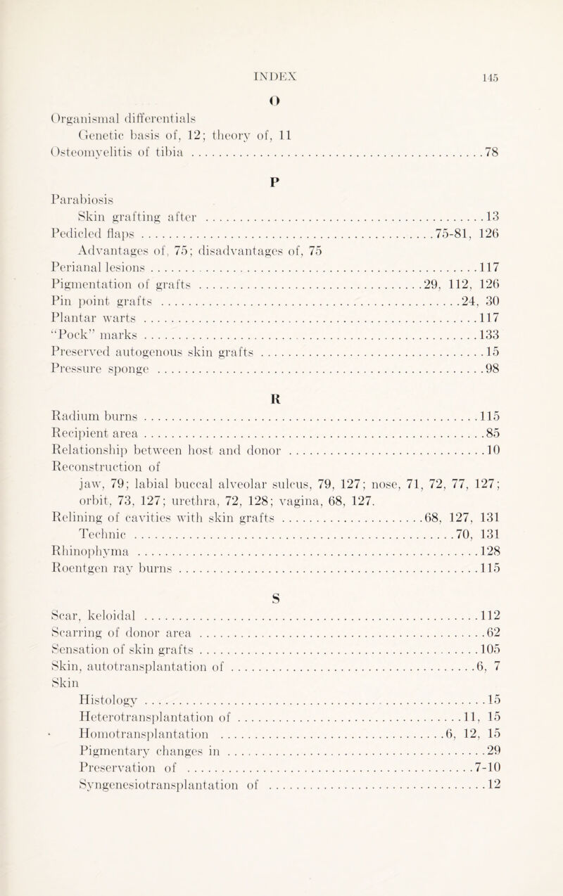 o Organismal differentials Genetic basis of, 12; theory of, 11 Osteomyelitis of tibia .78 P Parabiosis Skin grafting after .13 Pedicled flaps.75-81, 126 Advantages of, 75; disadvantages of, 75 Perianal lesions...117 Pigmentation of grafts .29, 112, 126 Pin point grafts ...24, 30 Plantar warts . 117 “Pock” marks.133 Preserved autogenous skin grafts.15 Pressure sponge .98 R Radium burns.115 Recipient area.85 Relationship between host and donor .10 Reconstruction of jaw, 79; labial buccal alveolar sulcus, 79, 127; nose, 71, 72, 77, 127; orbit, 73, 127; urethra, 72, 128; vagina, 68, 127. Relining of cavities with skin grafts.68, 127, 131 Technic .70, 131 Rhinophvma .128 Roentgen ray burns.115 S Scar, keloidal .112 Scarring of donor area .62 Sensation of skin grafts.105 Skin, autotransplantation of...6, 7 Skin Histology.15 Heterotransplantation of.11, 15 Homotransplantation .6, 12, 15 Pigmentary changes in.29 Preservation of .7-10 Syngenesiotransplantation of .12