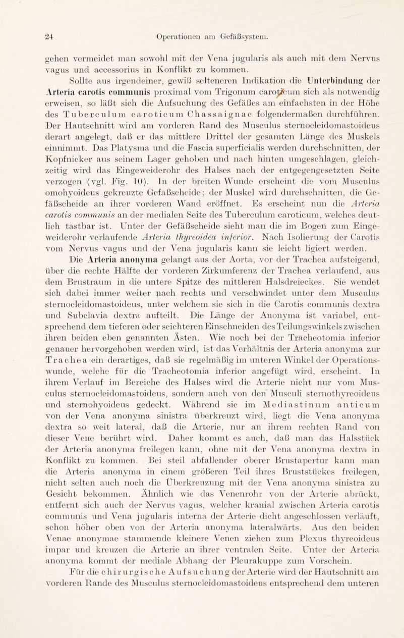 gehen vermeidet man sowohl mit der Vena jugnlaris als auch mit dem Nervus vagus und accessorius in Konflikt zu kommen. Sollte aus irgendeiner, gewiß selteneren Indikation die Unterbindung der Arteria carotis communis proximal vom Trigonum caroj^oum sich als notwendig erweisen, so läßt sich die Aufsuchung des Gefäßes am einfachsten in der Höhe des Tuberculum caroticum Chassaignac folgendermaßen durchführen. Der Hautschnitt wird am vorderen Rand des Musculus sternocleidomastoideus derart angelegt, daß er das mittlere Drittel der gesamten Länge des Muskels einnimmt. Das Platysma und die Pascia superficialis werden durchschnitten, der Kopfnicker aus seinem Lager gehoben und nach hinten umgeschlagen, gleich¬ zeitig wird das Eingeweiderohr des Halses nach der entgegengesetzten Seite verzogen (vgl. Fig. 10). In der breiten Wunde erscheint die vom Musculus omohyoideus gekreuzte Gefäßscheide; der Muskel wird durchschnitten, die Ge¬ fäßscheide an ihrer vorderen Wand eröffnet. Es erscheint nun die Arteria carotis communis an der medialen Seite des Tuberculum caroticum, welches deut¬ lich tastbar ist. Unter der Gefäßscheide sieht man die im Bogen zum Einge¬ weiderohr verlaufende Arteria thyreoidea inferior. Nach Isolierung der Carotis vom Nervus vagus und der Vena jugnlaris kann sie leicht ligiert werden. Die Arteria anonyma gelangt aus der Aorta, vor der Trachea aufsteigend, über die rechte Hälfte der vorderen Zirkumferenz der Trachea verlaufend, aus dem Brustraum in die untere Spitze des mittleren Halsdreieckes. Sie wendet sich dabei immer weiter pach rechts und verschwindet unter dem Musculus sternocleidomastoideus, unter welchem sie sich in die Carotis communis dextra und Subclavia dextra auf teilt. Die Länge der Anonyma ist variabel, ent¬ sprechend dem tieferen oder seichteren Einschneiden des Teilungswinkels zwischen ihren beiden eben genannten Asten. Wie noch bei der Tracheotomia inferior genauer hervorgehoben werden wird, ist das Verhältnis der Arteria anonyma zur Trachea ein derartiges, daß sie regelmäßig im unteren Winkel der Operations¬ wunde, welche für die Tracheotomia inferior angefügt wird, erscheint. In ihrem Verlauf im Bereiche des Halses wird die Arterie nicht nur vom Mus¬ culus sternocleidomastoideus, sondern auch von den Musculi sternothyreoideus und sternohyoideus gedeckt. Während sie im Mediastinum anticum von der Vena anonyma sinistra überkreuzt wird, liegt die Vena anonyma dextra so weit lateral, daß die Arterie, nur an ihrem rechten Rand von dieser Vene berührt wird. Daher kommt es auch, daß man das Halsstück der Arteria anonyma freilegen kann, ohne mit der Vena anonyma dextra in Konflikt zu kommen. Bei steil abfallender oberer Brustapertur kann man die Arteria anonyma in einem größeren Teil ihres Bruststückes freilegen, nicht selten auch noch die Überkreuzung mit der Vena anonyma sinistra zu Gesicht bekommen. Ähnlich wie das Venenrohr von der Arterie abrückt, entfernt sich auch der Nervus vagus, welcher kranial zwischen Arteria carotis communis und Vena jugnlaris interna der Arterie dicht angeschlossen verläuft, schon höher oben von der Arteria anonyma lateralwärts. Aus den beiden Venae anonymae stammende kleinere Venen ziehen zum Plexus thyreoideus impar und kreuzen die Arterie an ihrer ventralen Seite. Unter der Arteria anonyma kommt der mediale Abhang der Pleurakuppe zum Vorschein. Für die c h i r u r g i s c h e A u f s u c h u n g der Arterie wird der Hautschnitt am vorderen Rande des Musculus sternocleidomastoideus entsprechend dem unteren