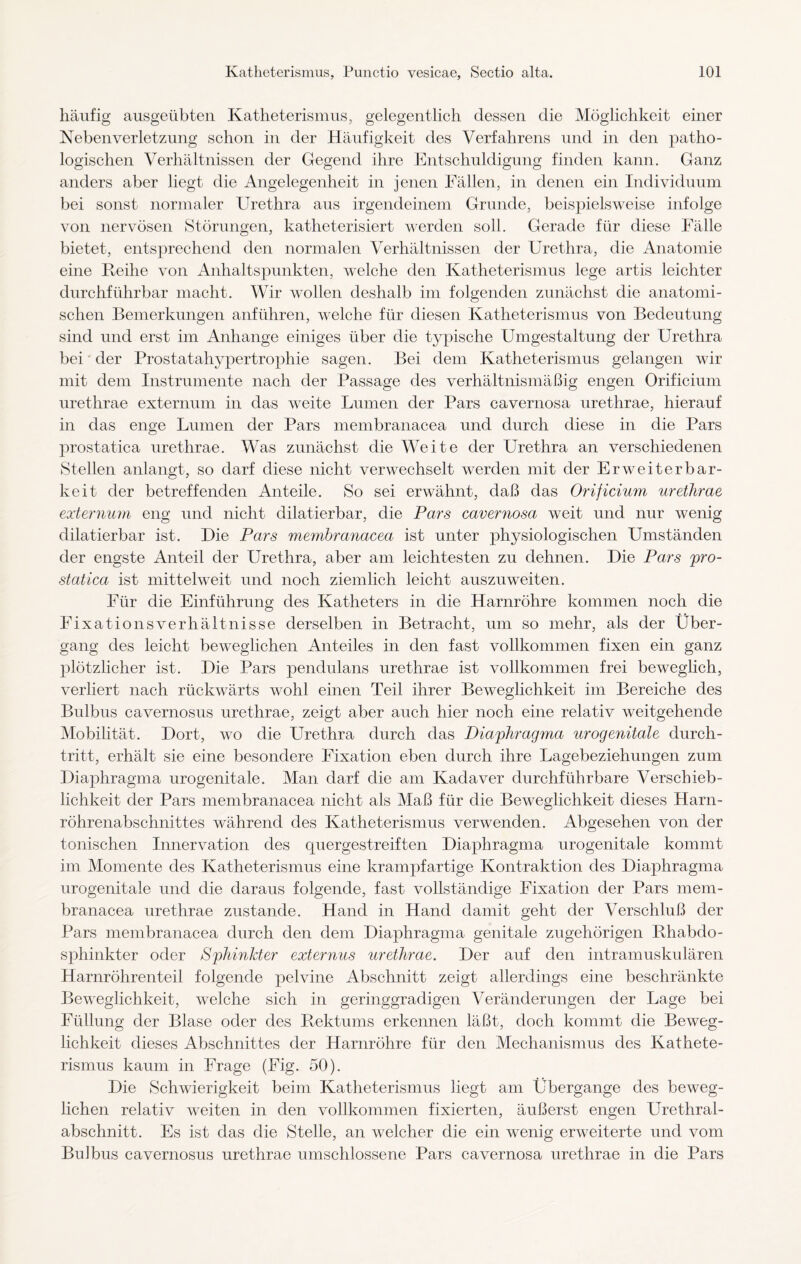 häufig ausgeübten Katheterismus, gelegentlich dessen die Möglichkeit einer Neben Verletzung schon in der Häufigkeit des Verfahrens und in den patho¬ logischen Verhältnissen der Gegend ihre Entschuldigung finden kann. Ganz anders aber liegt die Angelegenheit in jenen Fällen, in denen ein Individuum bei sonst normaler Urethra aus irgendeinem Grunde, beispielsweise infolge von nervösen Störungen, katheterisiert werden soll. Gerade für diese Fälle bietet, entsprechend den normalen Verhältnissen der Urethra, die Anatomie eine Reihe von Anhaltspunkten, welche den Katheterismus lege artis leichter durchführbar macht. Wir wollen deshalb im folgenden zunächst die anatomi¬ schen Bemerkungen anführen, welche für diesen Katheterismus von Bedeutung sind und erst im Anhänge einiges über die typische Umgestaltung der Urethra bei der Prostatahypertrophie sagen. Bei dem Katheterismus gelangen wir mit dem Instrumente nach der Passage des verhältnismäßig engen Orificium urethrae externum in das weite Lumen der Pars cavernosa urethrae, hierauf in das enge Lumen der Pars membranacea und durch diese in die Pars prostatica urethrae. Was zunächst die Weite der Urethra an verschiedenen Stellen anlangt, so darf diese nicht verwechselt werden mit der Erweiterbar- keit der betreffenden Anteile. So sei erwähnt, daß das Orificium urethrae externum eng und nicht dilatierbar, die Pars cavernosa weit und nur wenig dilatierbar ist. Die Pars membranacea ist unter physiologischen Umständen der engste Anteil der Urethra, aber am leichtesten zu dehnen. Die Pars 'pro¬ statica ist mittelweit und noch ziemlich leicht auszuweiten. Für die Einführung des Katheters in die Harnröhre kommen noch die Fixationsverhältnisse derselben in Betracht, um so mehr, als der Über¬ gang des leicht beweglichen Anteiles in den fast vollkommen fixen ein ganz plötzlicher ist. Die Pars pendulans urethrae ist vollkommen frei beweglich, verliert nach rückwärts wohl einen Teil ihrer Beweglichkeit im Bereiche des Bulbus cavernosus urethrae, zeigt aber auch hier noch eine relativ weitgehende Mobilität. Dort, wo die Urethra durch das Diaphragma urogenitale durch- tritt, erhält sie eine besondere Fixation eben durch ihre Lagebeziehungen zum Diaphragma urogenitale. Man darf die am Kadaver durchführbare Verschieb¬ lichkeit der Pars membranacea nicht als Maß für die Beweglichkeit dieses Harn¬ röhrenabschnittes während des Katheterismus verwenden. Abgesehen von der tonischen Innervation des quergestreiften Diaphragma urogenitale kommt im Momente des Katheterismus eine krampfartige Kontraktion des Diaphragma urogenitale und die daraus folgende, fast vollständige Fixation der Pars mem¬ branacea urethrae zustande. Hand in Hand damit geht der Verschluß der Pars membranacea durch den dem Diaphragma genitale zugehörigen Rhabdo¬ sphinkter oder Sphinkter externus urethrae. Der auf den intramuskulären Harnröhrenteil folgende pelvine Abschnitt zeigt allerdings eine beschränkte Beweglichkeit, welche sich in geringgradigen Veränderungen der Lage bei Füllung der Blase oder des Rektums erkennen läßt, doch kommt die Beweg¬ lichkeit dieses Abschnittes der Harnröhre für den Mechanismus des Kathete¬ rismus kaum in Frage (Fig. 50). Die Schwierigkeit beim Katheterismus liegt am Übergange des beweg¬ lichen relativ weiten in den vollkommen fixierten, äußerst engen Urethral¬ abschnitt. Es ist das die Stelle, an welcher die ein wenig erweiterte und vom Bulbus cavernosus urethrae umschlossene Pars cavernosa urethrae in die Pars