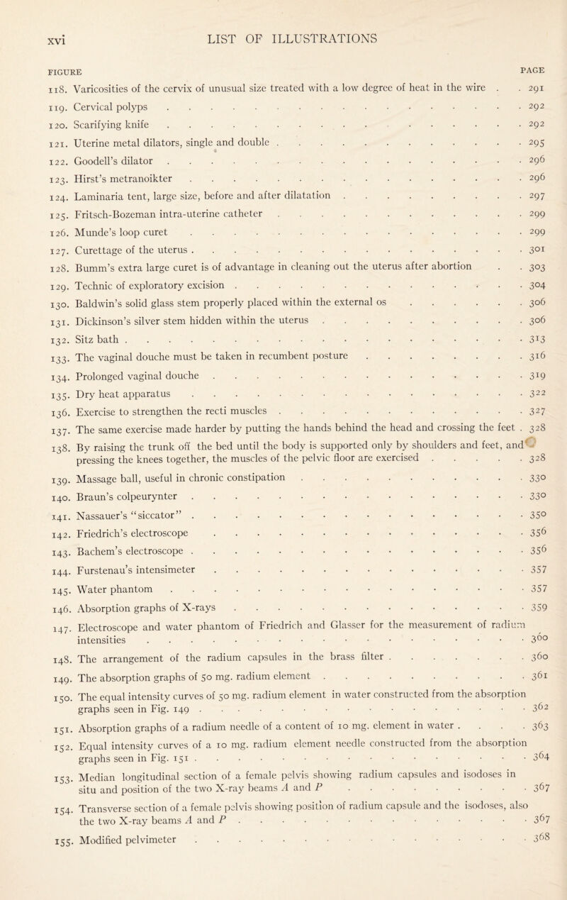 FIGURE PAGE 118. Varicosities of the cervix of unusual size treated with a low degree of heat in the wire . .291 119. Cervical polyps.292 120. Scarifying knife. 292 121. Uterine metal dilators, single and double.295 122. Goodell’s dilator.296 123. Hirst’s metranoikter.296 124. Laminaria tent, large size, before and after dilatation.297 125. Fritsch-Bozeman intra-uterine catheter.299 126. Munde’s loop curet.299 127. Curettage of the uterus.3QI 128. Bumm’s extra large curet is of advantage in cleaning out the uterus after abortion . . 303 129. Technic of exploratory excision ..3°4 130. Baldwin’s solid glass stem properly placed within the external os.306 131. Dickinson’s silver stem hidden within the uterus.306 132. Sitz bath.3T3 133. The vaginal douche must be taken in recumbent posture.316 134. Prolonged vaginal douche.319 135. Dry heat apparatus.322 136. Exercise to strengthen the recti muscles.327 137. The same exercise made harder by putting the hands behind the head and crossing the feet . 328 138. By raising the trunk off the bed until the body is supported only by shoulders and feet, and pressing the knees together, the muscles of the pelvic floor are exercised.328 139. Massage ball, useful in chronic constipation ..330 140. Braun’s colpeurynter.33° 141. Nassauer’s “siccator”.35° 142. Friedrich’s electroscope.356 143. Bachem’s electroscope.35^ 144. Furstenau’s intensimeter.357 145. Water phantom.357 146. Absorption graphs of X-rays.359 147. Electroscope and water phantom of Friedrich and Glasser for the measurement of radium intensities. 300 148. The arrangement of the radium capsules in the brass filter.360 149. The absorption graphs of 50 mg. radium element.361 150. The equal intensity curves of 50 mg. radium element in water constructed from the absorption graphs seen in Fig. 149.3^2 151. Absorption graphs of a radium needle of a content of 10 mg. element in water . . . .363 152. Equal intensity curves of a 10 mg. radium element needle constructed from the absorption graphs seen in Fig. 151.3^4 153. Median longitudinal section of a female pelvis showing radium capsules and isodoses in situ and position of the two X-ray beams A and P.367 Transverse section of a female pelvis showing position of radium capsule and the isodoses, also the two X-ray beams A and P.3 6 7 155. Modified pelvimeter.368