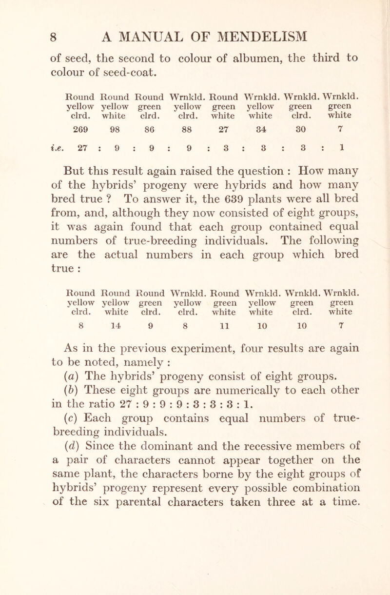 of seed, the second to colour of albumen, the third to colour of seed-coat. Round Round Round Wrnkld. Round Wrnkld. Wrnkld. Wrnkld. yellow yellow green yellow green yellow green green clrd. white clrd. clrd. white white clrd. white 269 98 86 88 27 34 30 7 i.e. 27 : 9 : 9 : 9 : 3 : 3 : 3 : 1 But this result again raised the question : How many of the hybrids’ progeny were hybrids and how many bred true ? To answer it, the 639 plants were all bred from, and, although they now consisted of eight groups, it was again found that each group contained equal numbers of true-breeding individuals. The following are the actual numbers in each group which bred true : Round Round Round Wrnkld. Round Wrnkld. Wrnkld. Wrnkld. yellow yellow green yellow green yellow green green clrd. white clrd. clrd. white white clrd. white 8 14 9 8 11 10 10 7 As in the previous experiment, four results are again to be noted, namely : (a) The hybrids’ progeny consist of eight groups. (b) These eight groups are numerically to each other in the ratio 27 : 9 : 9 : 9 : 3 : 3 : 3 : 1. (c) Each group contains equal numbers of true- breeding individuals. (d) Since the dominant and the recessive members of a pair of characters cannot appear together on the same plant, the characters borne by the eight groups of hybrids’ progeny represent every possible combination of the six parental characters taken three at a time.