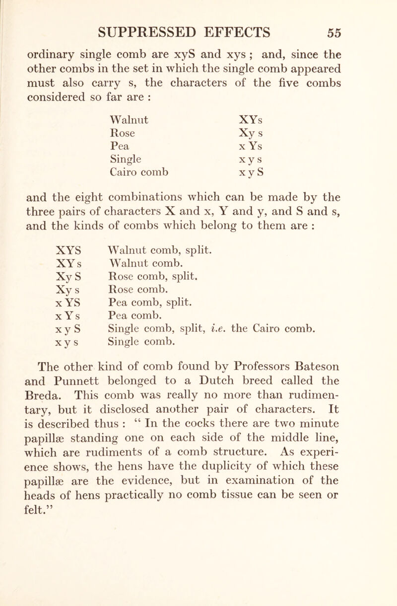 ordinary single comb are xyS and xys ; and, since the other combs in the set in which the single comb appeared must also carry s, the characters of the five combs considered so far are : Walnut XYs Rose Xys Pea x Ys Single xys Cairo comb x v S «/ and the eight combinations which can be made by the three pairs of characters X and x, Y and y, and S and s, and the kinds of combs which belong to them are : XYS Walnut comb, split. XY s Walnut comb. Xy S Rose comb, split. Xy s Rose comb. xYS Pea comb, split, x Y s Pea comb. x y S Single comb, split, i.e. the Cairo comb, xys Single comb. The other kind of comb found by Professors Bateson and Punnett belonged to a Dutch breed called the Breda. This comb was really no more than rudimen- tary, but it disclosed another pair of characters. It is described thus : “In the cocks there are two minute papillae standing one on each side of the middle line, which are rudiments of a comb structure. As experi- ence shows, the hens have the duplicity of which these papillae are the evidence, but in examination of the heads of hens practically no comb tissue can be seen or felt.”