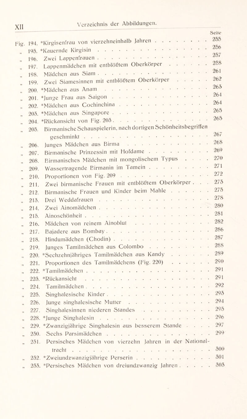 Seife 194. *Kirgisenfrau von vierzehneinhalb Jahren.255 195. ^Kauernde Kirgisin.25^ 25 / 196. Zwei Lappenfrauen. 197 Lappenmädchen mit entblößtem Oberkörper ...... 2o8 261 198. Mädchen aus Siam. 199 Zwei Siamesinnen mit entblößtem Oberkörper.262 965 200. *Mädchen aus Anam. 964 201. *Junge Frau aus Saigon. 202. ^Mädchen aus Cochinchina.264 965 205. *Mädchen aus Singapore.. 204. ^Rückansicht von Fig. 205 . 205. Birmanische Schauspielerin, nach dortigen Schönheitsbegriffen 267 geschminkt.. 206. Junges Mädchen aus Birma.2^8 207. Birmanische Prinzessin mit Holdame.269 208. Birmanisches Mädchen mit mongolischem Typus .... 270 209. Wassertragende Birmanin im Tamein.271 210. Proportionen von Fig. 209 . 272 211. Zwei birmanische Frauen mit entblößtem Oberkörper . . . 275 212. Birmanische Frauen und Kinder beim Mahle.275 215. Drei Weddafrauen ..278 214. Zwei Ainomädchen.280 215. Ainoschönheit. 216. Mädchen von reinem Ainoblut. 282 217. Bajadere aus Bombay.286 218. hindumädchen (Chodin).287 219. Junges Tamilmädchen aus Colombo.288 220. ^Sechzehnjähriges Tamilmädchen aus Kandy.289 221. Proportionen des Tamilmädchens (Fig. 220). 290 222. *Tamilmädchen.291 225. *Rückansicht.291 224. Tamilmädchen.292 225. Singhalesische Kinder.295 226. Junge singhalesische Mutter.294 227. Singhaiesinnen niederen Standes.295 228. *Junge Singhalesin.296 229. *Zwanzigjährige Singhalesin aus besserem Stande .... 297 250. Sechs Parsimädchen.299 251. Persisches Mädchen von vierzehn Jahren in der National¬ tracht .300 252. *Zweiundzwanzigjährige Perserin.501 255. ^Persisches Mädchen von dreiundzwanzig Jahren.305