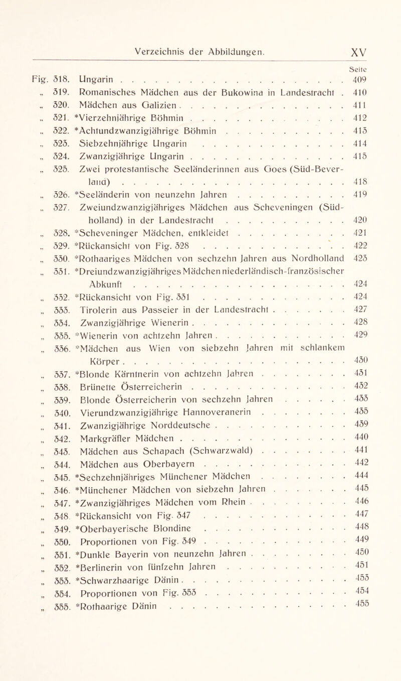 Seite Fig. 318. Ungarin.409 „ 319. Romanisches Mädchen aus der Bukowina in Landestracht . 410 320. Mädchen aus Galizien.411 „ 321. Vierzehnjährige Böhmin.412 „ 522. *Achtundzwanzigjährige Böhmin.413 ., 325. Siebzehnjährige Ungarin .414 „ 324. Zwanzigjährige Ungarin.415 „ 325. Zwei protestantische Seeländerinnen aus Goes (Süd-Bever- lana).418 326. *Seeländerin von neunzehn Jahren.419 „ 327. Zweiundzwanzigjähriges Mädchen aus Scheveningen (Süd¬ holland) in der Landestracht.420 „ 528. *Scheveninger Mädchen, entkleidet. 421 .. 329. 'Rückansicht von Fig. 328 422 „ 530. 'Rothaariges Mädchen von sechzehn Jahren aus Nordholland 425 „ 531. 'DreiundzwanzigjährigesMädchenniederländisch-französischer Abkunft.424 352. 'Rückansicht von Fig. 351 . 424 „ 355. Tirolerin aus Passeier in der Landestracht.427 „ 534. Zwanzigjährige Wienerin.428 355. 'Wienerin von achtzehn Jahren.429 „ 556. 'Mädchen aus Wien von siebzehn Jahren mit schlankem Körper.430 „ 537. *Blonde Kärntnerin von achtzehn Jahren.451 „ 538. Brünette Österreicherin.452 „ 559. Blonde Österreicherin von sechzehn Jahren.435 ., 340. Vierundzwanzigjährige Hannoveranerin.455 „ 541. Zwanzigjährige Norddeutsche.439 „ 542. Markgräfler Mädchen.440 „ 543. Mädchen aus Schapach (Schwarzwald).441 „ 344. Mädchen aus Oberbayern.442 „ 345. ^Sechzehnjähriges Münchener Mädchen.444 „ 346. *Münchener Mädchen von siebzehn Jahren.445 „ 347. ^Zwanzigjähriges Mädchen vom Rhein.446 „ 548 '''Rückansicht von Fig. 547 447 „ 549. *Oberbayerische Blondine.448 „ 550. Proportionen von Fig. 549 . 449 551. *Dunkle Bayerin von neunzehn Jahren.450 „ 552. ^Berlinerin von fünfzehn Jahren.451 „ 555. ^Schwarzhaarige Dänin.455 „ 354. Proportionen von Fig. 353 . 454 „ 355. ^Rothaarige Dänin.455