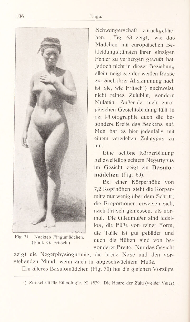 Schwangerschaft zurückgeblie¬ ben. Fig. 68 zeigt, wie das Mädchen mit europäischen Be¬ kleidungskünsten ihren einzigen Fehler zu verbergen gewußt hat. Jedoch nicht in dieser Beziehung allein neigt sie der w'eißen Rasse zu; auch ihrer Abstammung nach ist sie, wie Fritsch1) nachweist, nicht reines Zulublut, sondern Mulattin. Außer der mehr euro¬ päischen Gesichtsbildung fällt in der Photographie auch die be¬ sondere Breite des Beckens auf. Man hat es hier jedenfalls mit einem veredelten Zulutypus zu tun. Eine schöne Körperbildung bei zweifellos echtem Negertypus im Gesicht zeigt ein Basuto- mädchen (Fig. 69). Bei einer Körperhöhe von 7,2 Kopfhöhen steht die Körper¬ mitte nur wenig über dem Schritt; die Proportionen erweisen sich, nach Fritsch gemessen, als nor¬ mal. Die Gliedmaßen sind tadel¬ los, die Füße von reiner Form, die Taille ist gut gebildet und auch die Hüften sind von be¬ sonderer Breite. Nur das Gesicht zeigt die Negerphysiognomie, die breite Nase und den vor¬ stehenden Mund, wenn auch in abgeschwächtem Maße. Ein älteres Basutomädchen (Fig. 70) hat die gleichen Vorzüge Fig. 71. Nacktes Finguma'dchen. (Phot. G. Fritsch.) ‘) Zeitschrift für Ethnologie. XI. 1879. Die Haare der Zulu (weißer Vater)