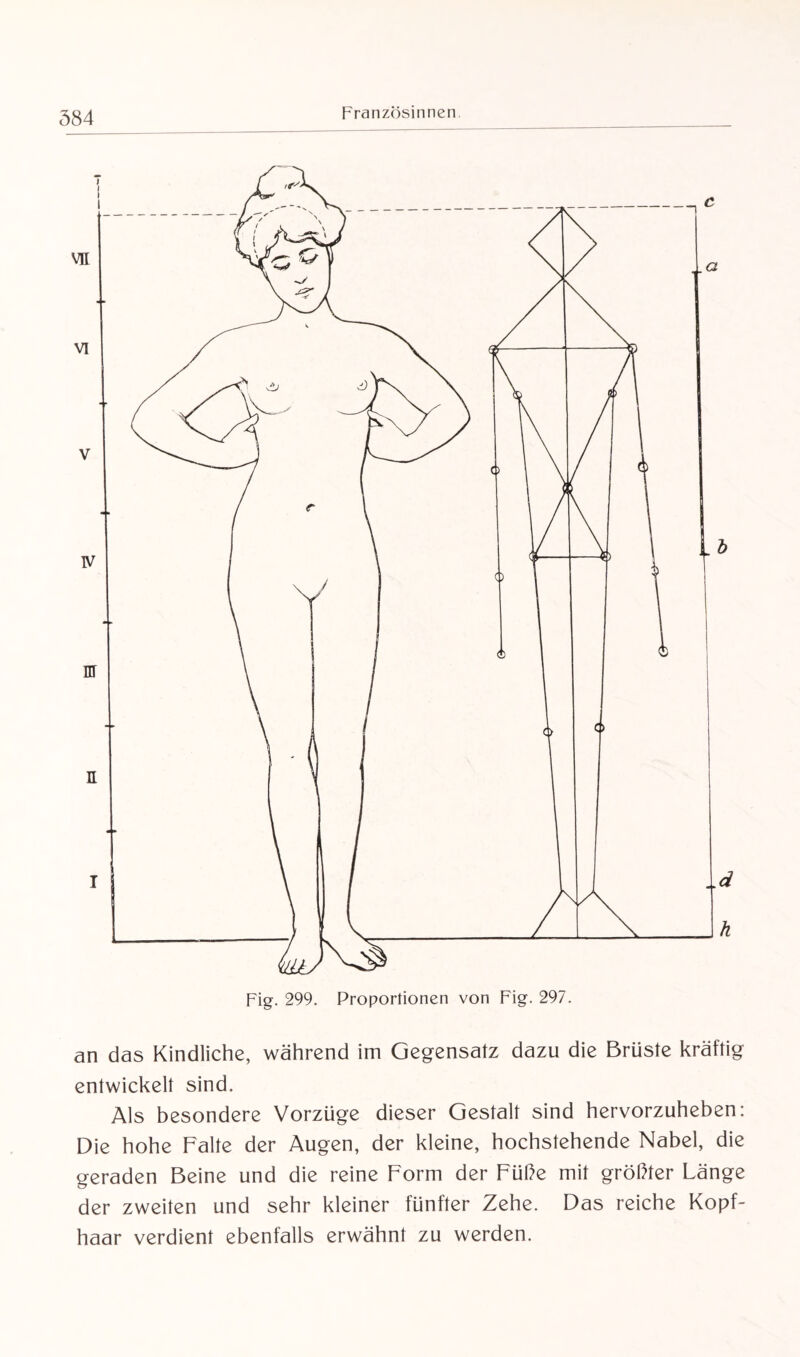 an das Kindliche, während im Gegensatz dazu die Brüste kräftig entwickelt sind. Als besondere Vorzüge dieser Gestalt sind hervorzuheben: Die hohe Falte der Augen, der kleine, hochstehende Nabel, die geraden Beine und die reine Form der Füße mit größter Länge der zweiten und sehr kleiner fünfter Zehe. Das reiche Kopf¬ haar verdient ebenfalls erwähnt zu werden.