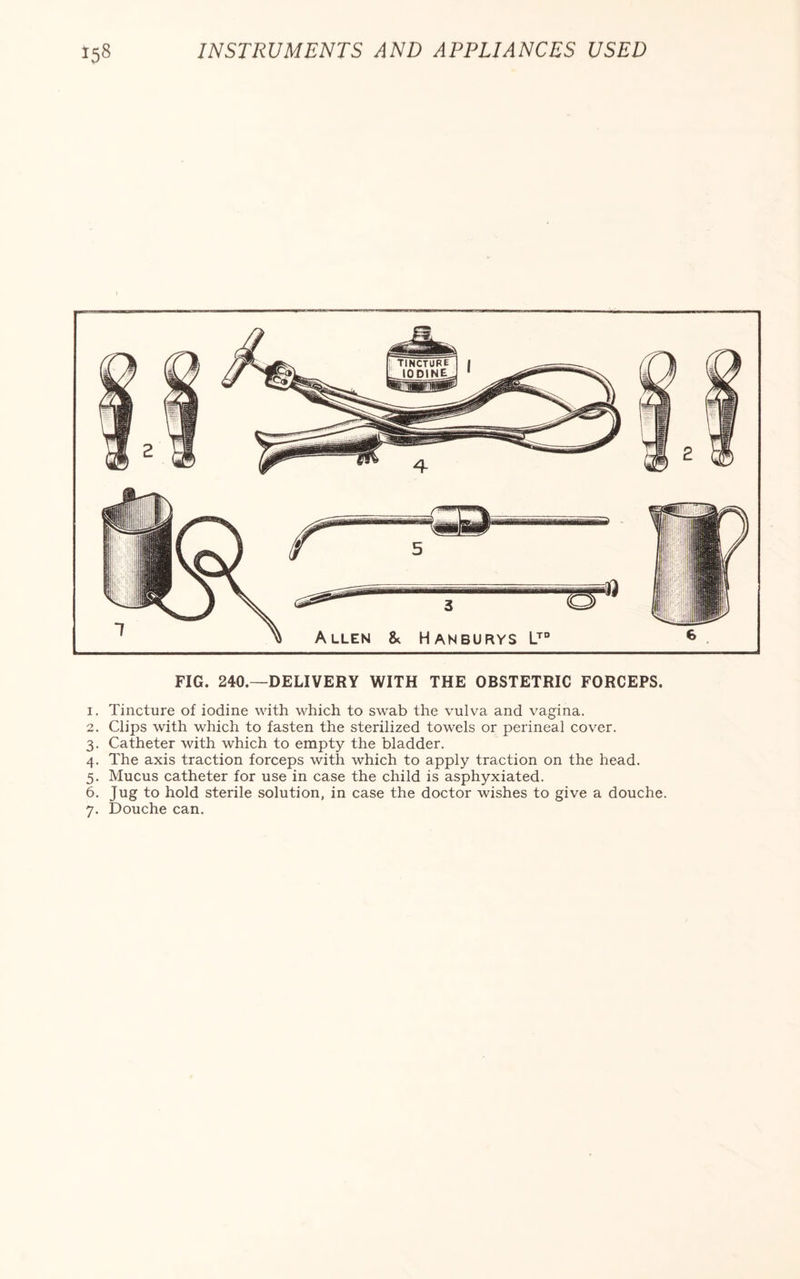 FIG. 240.—DELIVERY WITH THE OBSTETRIC FORCEPS. 1. Tincture of iodine with which to swab the vulva and vagina. 2. Clips with which to fasten the sterilized towels or perineal cover. 3. Catheter with which to empty the bladder. 4. The axis traction forceps with which to apply traction on the head. 5. Mucus catheter for use in case the child is asphyxiated. 6. jug to hold sterile solution, in case the doctor wishes to give a douche.