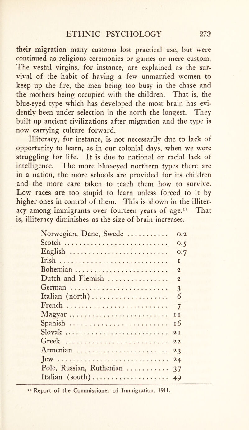 their migration many customs lost practical use, but were continued as religious ceremonies or games or mere custom. The vestal virgins, for instance, are explained as the sur- vival of the habit of having a few unmarried women to keep up the fire, the men being too busy in the chase and the mothers being occupied with the children. That is, the blue-eyed type which has developed the most brain has evi- dently been under selection in the north the longest. They built up ancient civilizations after migration and the type is now carrying culture forward. Illiteracy, for instance, is not necessarily due to lack of opportunity to learn, as in our colonial days, when we were struggling for life. It is due to national or racial lack of intelligence. The more blue-eyed northern types there are in a nation, the more schools are provided for its children and the more care taken to teach them how to survive. Low races are too stupid to learn unless forced to it by higher ones in control of them. This is shown in the illiter- acy among immigrants over fourteen years of age.11 That is, illiteracy diminishes as the size of brain increases. Norwegian, Dane, Swede 0.2 Scotch 0.5 English 0.7 Irish 1 Bohemian 2 Dutch and Flemish 2 German 3 Italian (north) 6 French 7 Magyar 11 Spanish 16 Slovak 21 Greek 22 Armenian 23 Jew 24 Pole, Russian, Ruthenian 37 Italian (south) 49 11 Report of the Commissioner of Immigration, 1911.