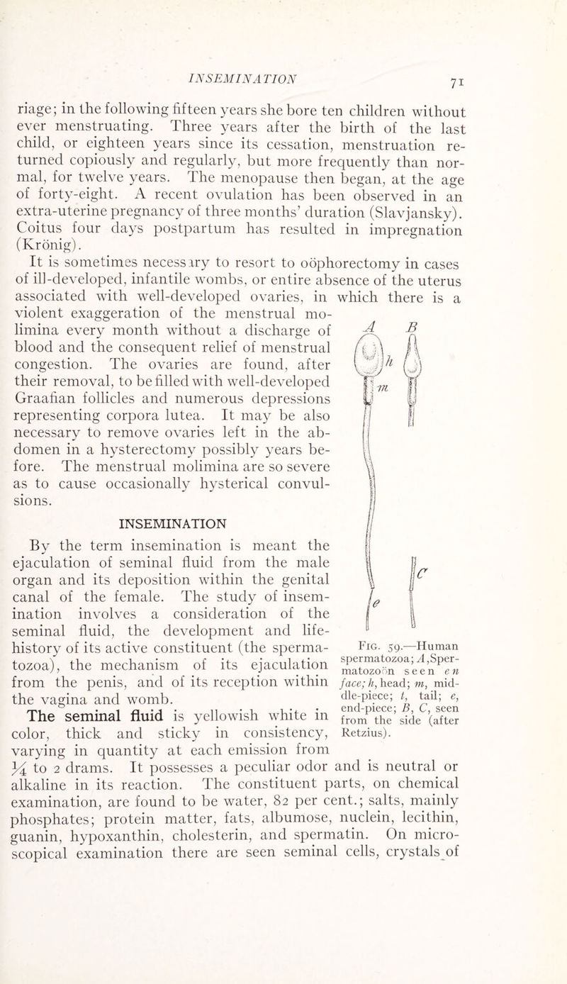 riage; in the following fifteen years she bore ten children without ever menstruating. Three years after the birth of the last child, or eighteen years since its cessation, menstruation re¬ turned copiously and regularly, but more frequently than nor¬ mal, for twelve years. The menopause then began, at the age of forty-eight. A recent ovulation has been observed in an extra-uterine pregnancy of three months’ duration (Slavjansky). Coitus four days postpartum has resulted in impregnation (Kronig). m It is sometimes necessary to resort to oophorectomy in cases of ill-developed, infantile wombs, or entire absence of the uterus associated with well-developed ovaries, in which there is a violent exaggeration of the menstrual mo- limina every month without a discharge of blood and the consequent relief of menstrual congestion. The ovaries are found, after their removal, to be filled with well-developed Graafian follicles and numerous depressions representing corpora lutea. It may be also necessary to remove ovaries left in the ab¬ domen in a hysterectomy possibly years be¬ fore. The menstrual molimina are so severe as to cause occasionally hysterical convul¬ sions. INSEMINATION By the term insemination is meant the ejaculation of seminal fluid from the male organ and its deposition within the genital canal of the female. The study of insem¬ ination involves a consideration of the seminal fluid, the development and life- history of its active constituent (the sperma- Fig. 59.—Human tozoa), the mechanism of its ejaculation nmtozW;!n°seen from the penis, and of its reception within /ace; A, head; w, mid the vagina and womb. dle-piece; t, tail; e, The seminal fund is yellowish white m from the side (after color, thick and sticky in consistency, Retzius). varying in quantity at each emission from 34 to 2 drams. It possesses a peculiar odor and is neutral or alkaline in its reaction. The constituent parts, on chemical examination, are found to be water, 82 per cent.; salts, mainly phosphates; protein matter, fats, albumose, nuclein, lecithin, guanin, hypoxanthin, cholesterin, and spermatin. On micro¬ scopical examination there are seen seminal cells, crystals of n