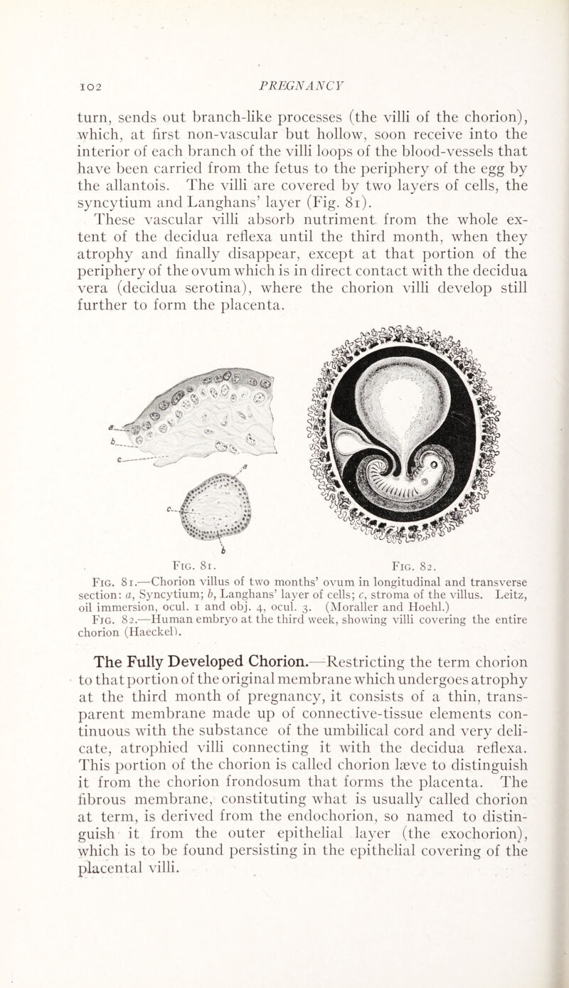 turn, sends out branch-like processes (the villi of the chorion), which, at first non-vascular but hollow, soon receive into the interior of each branch of the villi loops of the blood-vessels that have been carried from the fetus to the periphery of the egg by the allantois. The villi are covered by two layers of cells, the syncytium and Langhans’ layer (Fig. 81). These vascular villi absorb nutriment from the whole ex¬ tent of the decidua reflexa until the third month, when they atrophy and finally disappear, except at that portion of the periphery of the ovum which is in direct contact with the decidua vera (decidua serotina), where the chorion villi develop still further to form the placenta. Fig. 8i. Fig. 82. Fig. 81.—Chorion villus of two months’ ovum in longitudinal and transverse section: a, Syncytium; b, Langhans’ layer of cells; c, stroma of the villus. Leitz, oil immersion, ocul. 1 and obj. 4, ocul. 3. (Moraller and Hoehl.) Ftg. 82.—Human embryo at the third week, showing villi covering the entire chorion (Haeckelb The Fully Developed Chorion.—Restricting the term chorion to that portion of the original membrane which undergoes atrophy at the third month of pregnancy, it consists of a thin, trans¬ parent membrane made up of connective-tissue elements con¬ tinuous with the substance of the umbilical cord and very deli¬ cate, atrophied villi connecting it with the decidua reflexa. This portion of the chorion is called chorion lasve to distinguish it from the chorion frondosum that forms the placenta. The fibrous membrane, constituting what is usually called chorion at term, is derived from the endochorion, so named to distin¬ guish it from the outer epithelial layer (the exochorion), which is to be found persisting in the epithelial covering of the placental villi.