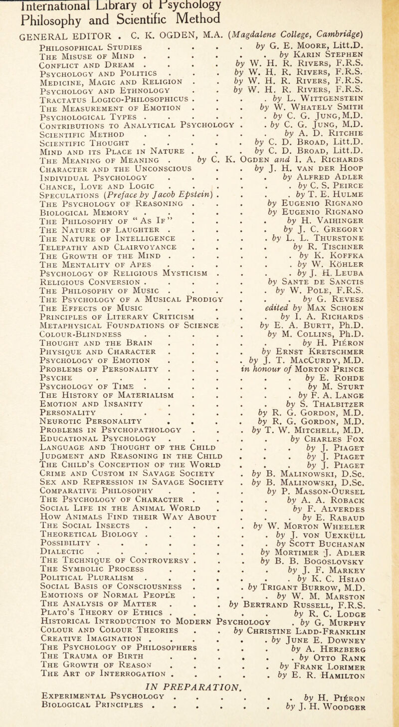 International Library ot rsychology Philosophy and Scientific Method GENERAL EDITOR . C. K. OGDEN, M.A. (Magdalene College, Cambridge) K. Philosophical Studies The Misuse of Mind . Conflict and Dream . Psychology and Politics Medicine, Magic and Religion Psychology and Ethnology Tractatus Logico-Philosophicus The Measurement of Emotion Psychological Types . Contributions to Analytical Psychology Scientific Method Scientific Thought Mind and its Place in Nature The Meaning of Meaning . by C Character and the Unconscious Individual Psychology Chance, Love and Logic Speculations (Preface by Jacob Epstein) The Psychology of Reasoning . Biological Memory The Philosophy of “As If” The Nature of Laughter . The Nature of Intelligence Telepathy and Clairvoyance The Growth of the Mind . The Mentality of Apes Psychology of Religious Mysticism Religious Conversion . The Philosophy of Music . The Psychology of a Musical Prodig The Effects of Music Principles of Literary Criticism Metaphysical Foundations of Science Colour-Blindness Thought and the Brain Physique and Character Psychology of Emotion Problems of Personality . Psyche .... Psychology of Time . The History of Materialism Emotion and Insanity Personality Neurotic Personality Problems in Psychopathology Educational Psychology Language and Thought of the Child Judgment and Reasoning in the Child The Child’s Conception of the World Crime and Custom in Savage Society Sex and Repression in Savage Society Comparative Philosophy The Psychology of Character . Social Life in the Animal World How Animals Find their Way About The Social Insects Theoretical Biology . Possibility .... Dialectic .... The Technique of Controversy The Symbolic Process Political Pluralism Social Basis of Consciousness Emotions of Normal People The Analysis of Matter Plato’s Theory of Ethics . Historical Introduction to Modern Psychology Colour and Colour Theories Creative Imagination The Psychology of Philosophers The Trauma of Birth The Growth of Reason The Art of Interrogation by G. E. Moore, Litt.D. . . by Karin Stephen by W. H. R. Rivers, F.R.S. by W. H. R. Rivers, F.R.S. by W. H. R. Rivers, F.R.S. by W. H. R. Rivers, F.R.S. . by L. Wittgenstein by W. Whately Smith . by C. G. Jung, M.D. . by C. G. Jung, M.D. . by A. D. Ritchie by C. D. Broad, Litt.D. by C. D. Broad, Litt.D. Ogden and I. A. Richards by J. H. van der Hoop . by Alfred Adler . . by C. S. Peirce . by T. E. Hulme by Eugenio Rignano by Eugenio Rignano by H. Vaihinger by J. C. Gregory by L. L. Thurston e by R. Tischner . by K. Koffka . by W. Kohler . by J. H. Leuba by Sante de Sanctis by W. Pole, F.R.S. . by G. Revesz edited by Max Schoen by I. A. Richards by E. A. Burtt, Ph.D. by M. Collins, Ph.D. by H. Pi£ron by Ernst Kretschmer by J. T. MacCurdy, M.D. n honour of Morton Prince . . by E. Rohde . . by M. Sturt . . by F. A. Lange . by S. Thalbitzer by R. G. Gordon, M.D. by R. G. Gordon, M.D. by T. W. Mitchell, M.D. . by Charles Fox by J. Piaget . . by J. Piaget . . by J. Piaget by B. Malinowski, D.Sc. by B. Malinowski, D.Sc. by P. Masson-Oursel . by A. A. Roback . by F. Alverdes . by E. Rabaud Morton Wheeler by J. von Uexkull by Scott Buchanan Mortimer J. Adler by B. B. Bogoslovsky . by J. F. Markey . . by K. C. Hsiao by Trigant Burrow, M.D. . by W. M. Marston by Bertrand Russell, F.R.S. by R. C. Lodge by W. by by G. Murphy by Christine Ladd-Franklin by June E. Downey by A. Herzberg . by Otto Rank by Frank Lorimer by E. R. Hamilton IN PREPARATION. Experimental Psychology . Biological Principles .... . by H. Pi£ron by J. H. Woodger