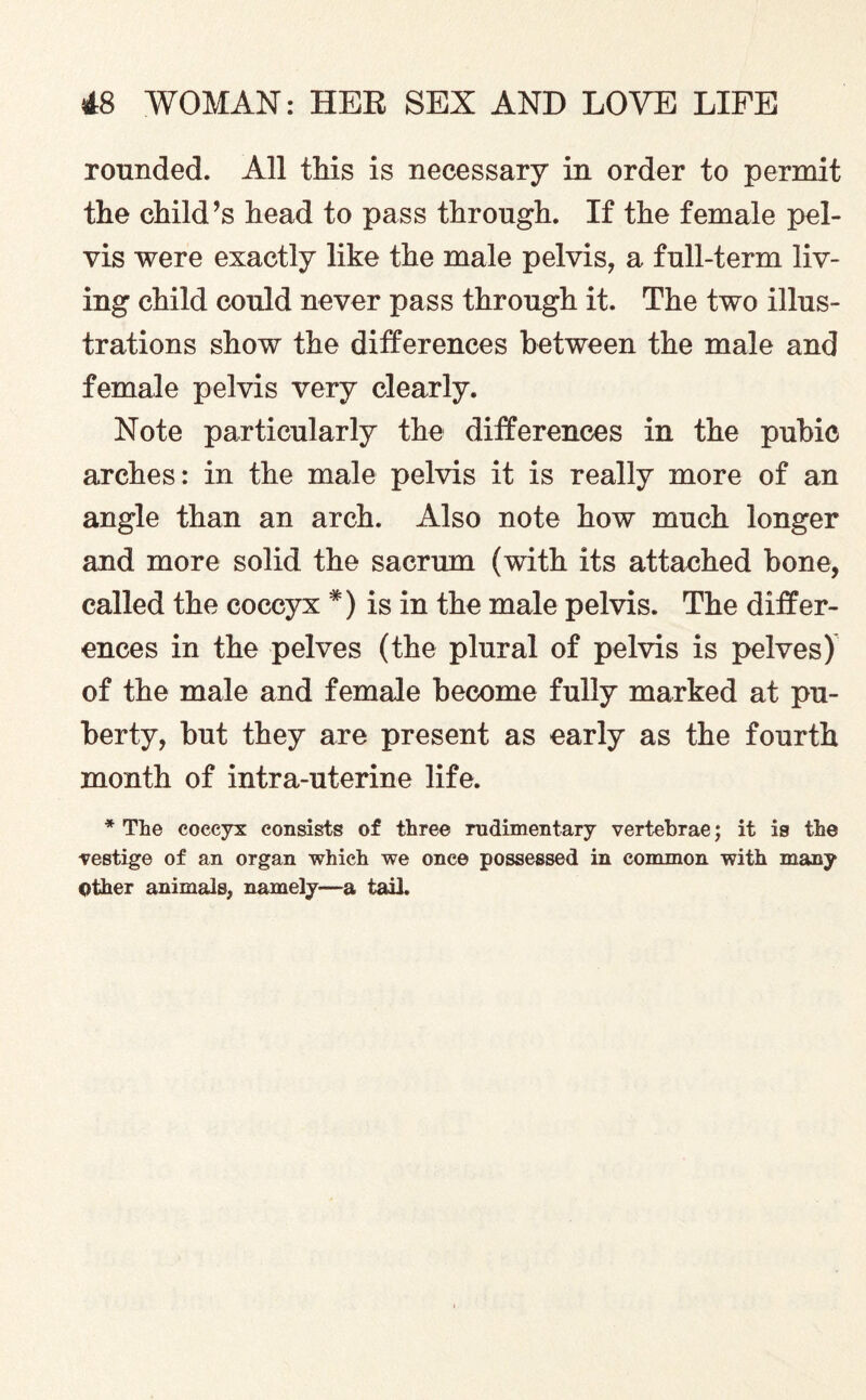 rounded. All this is necessary in order to permit the child’s head to pass through. If the female pel¬ vis were exactly like the male pelvis, a full-term liv¬ ing child could never pass through it. The two illus¬ trations show the differences between the male and female pelvis very clearly. Note particularly the differences in the pubic arches: in the male pelvis it is really more of an angle than an arch. Also note how much longer and more solid the sacrum (with its attached bone, called the coccyx *) is in the male pelvis. The differ¬ ences in the pelves (the plural of pelvis is pelves) of the male and female become fully marked at pu¬ berty, but they are present as early as the fourth month of intra-uterine life. * The coccyx consists of three rudimentary vertebrae; it is the vestige of an organ which we once possessed in common with many Other animals, namely—a tail