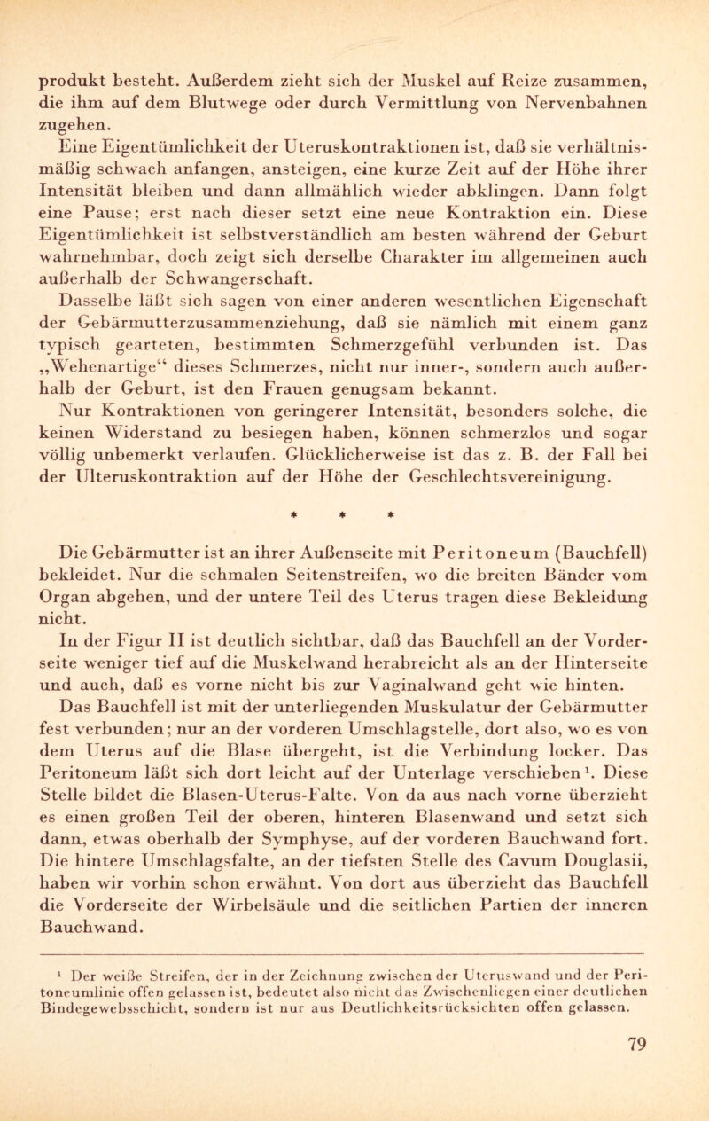 produkt besteht. Außerdem zieht sich der Muskel auf Reize zusammen, die ihm auf dem Blutwege oder durch Vermittlung von Nervenbahnen zugehen. Eine Eigentümlichkeit der Uteruskontraktionen ist, daß sie verhältnis¬ mäßig schwach anfangen, ansteigen, eine kurze Zeit auf der Höhe ihrer Intensität bleiben und dann allmählich wieder abkbngen. Dann folgt eine Pause; erst nach dieser setzt eine neue Kontraktion ein. Diese Eigentümlichkeit ist selbstverständlich am besten während der Geburt wahrnehmbar, doch zeigt sich derselbe Charakter im allgemeinen auch außerhalb der Schwangerschaft. Dasselbe läßt sich sagen von einer anderen wesentlichen Eigenschaft der Gebärmutterzusammenziehung, daß sie nämlich mit einem ganz typisch gearteten, bestimmten Schmerzgefühl verbunden ist. Das „Wehenartige44 dieses Schmerzes, nicht nur inner-, sondern auch außer¬ halb der Geburt, ist den Frauen genugsam bekannt. Nur Kontraktionen von geringerer Intensität, besonders solche, die keinen Widerstand zu besiegen haben, können schmerzlos und sogar völlig unbemerkt verlaufen. Glücklicherweise ist das z. B. der Fall bei der Ulteruskontraktion auf der Höhe der Geschlechtsvereinigung. * * * Die Gebärmutter ist an ihrer Außenseite mit Peritoneum (Bauchfell) bekleidet. Nur die schmalen Seitenstreifen, wo die breiten Bänder vom Organ abgehen, und der untere Teil des Uterus tragen diese Bekleidung nicht. In der Figur II ist deutlich sichtbar, daß das Bauchfell an der Vorder¬ seite weniger tief auf die Muskelwand herabreicht als an der Hinterseite und auch, daß es vorne nicht bis zur Vaginalwand geht wie hinten. Das Bauchfell ist mit der unterliegenden Muskulatur der Gebärmutter fest verbunden; nur an der vorderen Umschlagstelle, dort also, wo es von dem Uterus auf die Blase übergeht, ist die Verbindung locker. Das Peritoneum läßt sich dort leicht auf der Unterlage verschieben1. Diese Stelle bildet die Blasen-Uterus-Falte. Von da aus nach vorne überzieht es einen großen Teil der oberen, hinteren Blasenwand und setzt sich dann, etwas oberhalb der Symphyse, auf der vorderen Bauchwand fort. Die hintere Umschlagsfalte, an der tiefsten Stelle des Cavum Douglasii, haben wir vorhin schon erwähnt. Von dort aus überzieht das Bauchfell die Vorderseite der Wirbelsäule und die seitlichen Partien der inneren Bauchwand. 1 Der weiße Streifen, der in der Zeichnung zwischen der Uteruswand und der Peri- toneumiinie offen gelassen ist, bedeutet also nicht das Zwischeuliegen einer deutlichen Bindegewebsschicht, sondern ist nur aus Deutlichkeitsrücksichten offen gelassen.