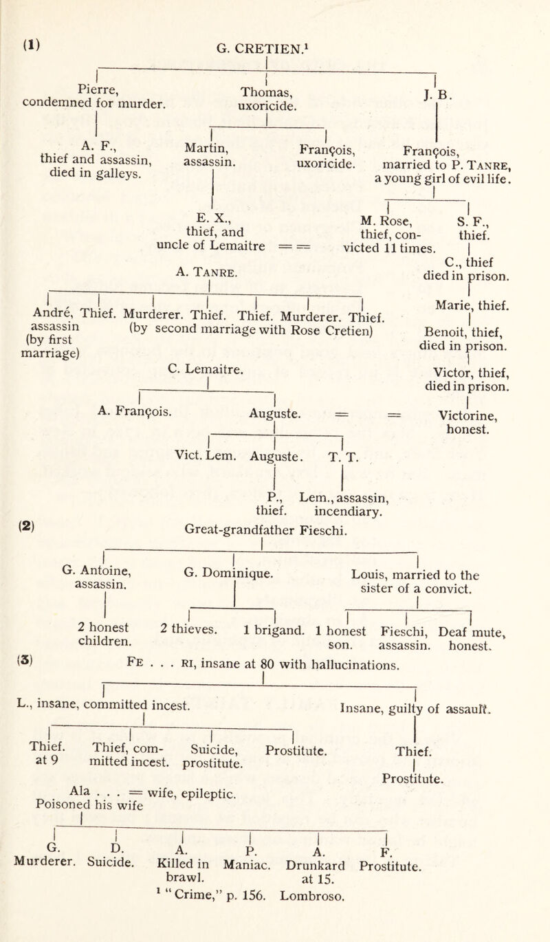 (1) G. CRETIEN.1 Pierre, condemned for murder. A. F., thief and assassin, died in galleys. Thomas, uxoricide. Martin, assassin. Francois, uxoricide. J. B. Francis, married to P. Tanre, a young girl of evil life. E. X., thief, and uncle of Lemaitre = = A. Tanre. M. Rose, S. F., thief, con- thief, victed 11 times. | C., thief died in prison. Andre, Thief. Murderer. Thief. Thief. Murderer. Thief, assassin (by second marriage with Rose Cretien) (by first marriage) C. Lemaitre. A. Francis. (2) Auguste. = ,r . J * 1 i Viet. Lem. Auguste. T. T. P., Lem., assassin, thief. incendiary. Great-grandfather Fieschi. Marie, thief. I Benoit, thief, died in prison. t Victor, thief, died in prison. I Victorine, honest. (3) G. Antoine, assassin. 2 honest children. G. Dominique. Louis, married to the sister of a convict. 2 thieves. 1 brigand. 1 honest Fieschi, Deaf mute, son. assassin, honest. Fe . . . ri, insane at 80 with hallucinations. L., insane, committed incest. Thief. Thief, com- Suicide, at 9 mitted incest, prostitute. Ala . . . = wife, epileptic. Poisoned his wife Prostitute. Insane, guilty of assault. Thief. I Prostitute. I ! G. D. Murderer. Suicide. A. p. a. F. Killed in Maniac. Drunkard Prostitute, brawl. at 15. 1 “ Crime,” p. 156. Lombroso.