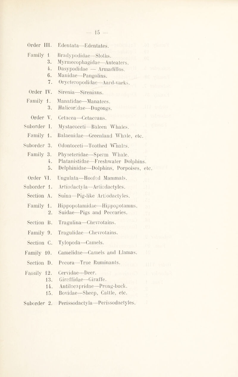 Order III. Edentata—Edentates. Family 1 Bradypodidae—Sloths. 3. Myrmecophagidae—Anteaters. 4. Dasypodidae — Armadillos. 6. M anidae—Pangoli ns. 7. Orycteropodidae—Aard-varks. Order IV. Sirenia—Sirenians. Family 1. Manatidae—Manatees. 3. H alicori da e—I) ugongs. Order V. Suborder I. Family 1. Suborder 3. Family 3. 4. 5. Order VI. Suborder 1. Section A. Family 1. 9 • Section B. Family 9. Section C. Family 10. Section D. Cetacea—Cetaceans. Mystacoeeti—Baleen Whales. Balaenidae—Greenland Whale, etc. Odontoceti—Toothed Whales. Physeteridae—Sperm Whale. Platanistidae—Freshwater Dolphins. Delphinidae—Dolphins, Porpoises, etc. Ungulata—Hoofed Mammals. Artiodactyla—Arliodactvles. Suina—Pig-like Artiodactyles. Hippopotamidae—Hippopotamus. Suidae—Pigs and Peccaries. T r a g u 1 i n a—Chevrotains. Tragulidae—Chevrotains. Tylopoda—Camels. Camelidae—Camels and Llamas. Pecora—True Ruminants. Family 12. 13. 14. 15. Suborder 2. Gervidae—Deer. Gi raf f idae—G iraf f e. Antilocapridae—Prong-buck. Bovidae—Sheep, Cattle, etc. Perissodaetyla—Perissodactyles.