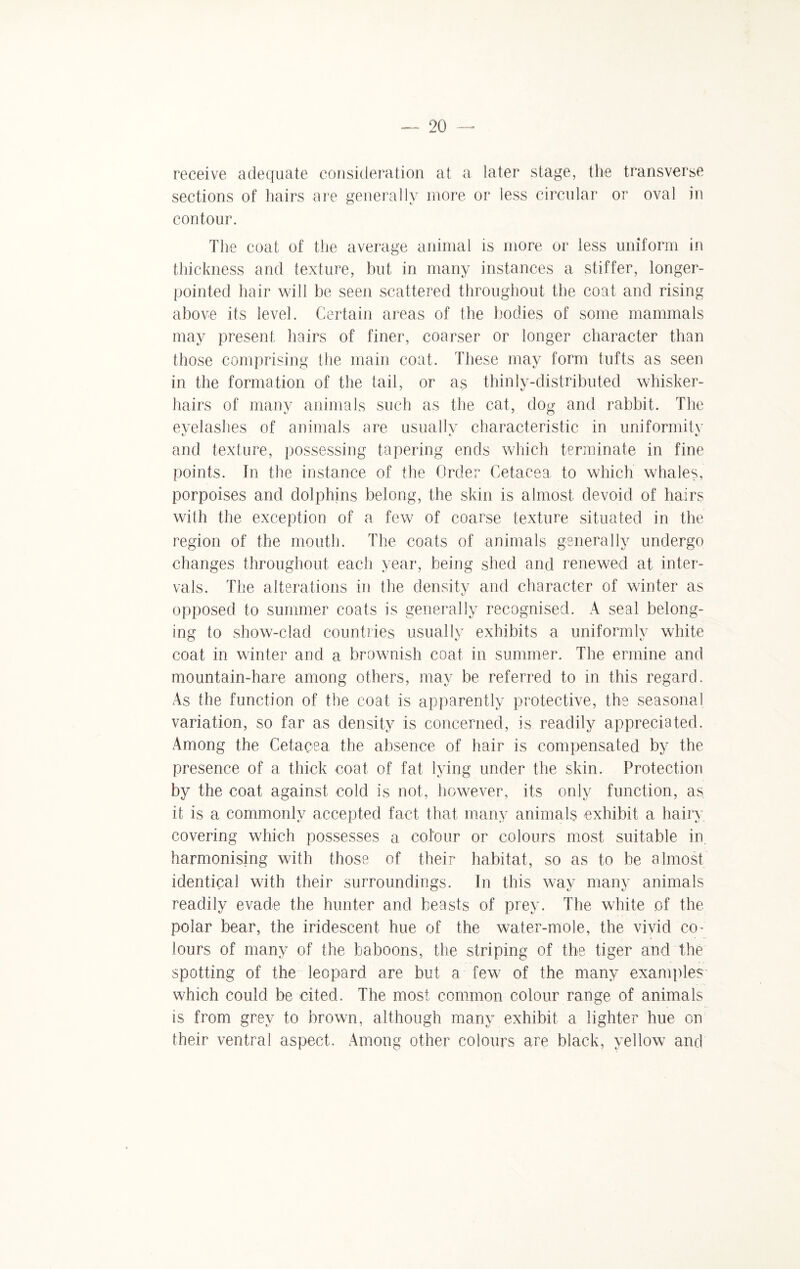 receive adequate consideration at a later stage, the transverse sections of hairs are generally more or less circular or oval in contour. The coat of the average animal is more or less uniform in thickness and texture, but in many instances a stiffer, longer- pointed hair will be seen scattered throughout the coat and rising above its level. Certain areas of the bodies of some mammals may present hairs of finer, coarser or longer character than those comprising the main coat. These may form tufts as seen in the formation of the tail, or as thinly-distributed whisker- hairs of many animals such as the cat, dog and rabbit. The eyelashes of animals are usually characteristic in uniformity and texture, possessing tapering ends which terminate in fine points. In the instance of the Order Cetacea to which whales, porpoises and dolphins belong, the skin is almost devoid of hairs with the exception of a few of coarse texture situated in the region of the mouth. The coats of animals generally undergo changes throughout each year, being shed and renewed at inter¬ vals. The alterations in the density and character of winter as opposed to summer coats is generally recognised. A seal belong¬ ing to show-clad countries usually exhibits a uniformly white coat in winter and a brownish coat in summer. The ermine and mountain-hare among others, may be referred to in this regard. As the function of the coat is apparently protective, the seasonal variation, so far as density is concerned, is readily appreciated. Among the Cetacea the absence of hair is compensated by the presence of a thick coat of fat lying under the skin. Protection by the coat against cold is not, however, its only function, as it is a commonly accepted fact that many animals exhibit a hairy covering which possesses a colour or colours most suitable in harmonising with those of their habitat, so as to be almost identical with their surroundings. In this way many animals readily evade the hunter and beasts of prey. The white of the polar bear, the iridescent hue of the water-mole, the vivid co¬ lours of many of the baboons, the striping of the tiger and the spotting of the leopard are but a few of the many examples which could be cited. The most common colour range of animals is from grey to brown, although many exhibit a lighter hue on their ventral aspect. Among other colours are black, yellow and