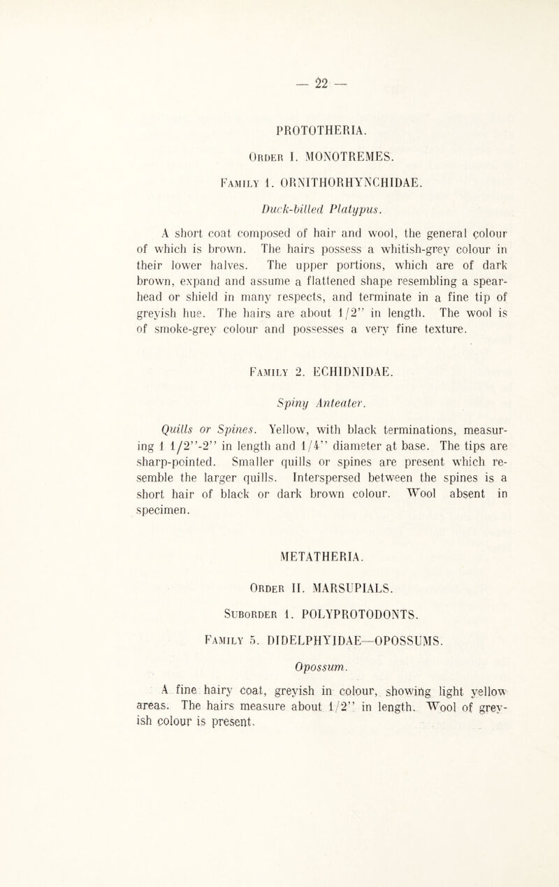 52 — PROTOTHERIA. Order I. MONOTREMES. Family 1. ORNITHORHYNCHIDAE. Duck-billed Platypus. A short coat composed of hair and wool, the general colour of which is brown. The hairs possess a whitish-grey colour in their lower halves. The upper portions, which are of dark brown, expand and assume a flattened shape resembling a spear¬ head or shield in many respects, and terminate in a fine tip of greyish hue. The hairs are about 1/2” in length. The wool is of smoke-grey colour and possesses a very fine texture. Family 2. ECHIDNIDAE. Spiny Ant eater. Quills or Spines. Yellow, with black terminations, measur¬ ing 1 l/2”-2” in length and 1/4” diameter at base. The tips are sharp-pointed. Smaller quills or spines are present which re¬ semble the larger quills. Interspersed between the spines is a short hair of black or dark brown colour. Wool absent in specimen. METATHERIA. Order II. MARSUPIALS. Suborder 1. POLYPROTODONTS. Family 5. DIDELPflYIDAE—OPOSSUMS. Opossum. A fine hairy coat, greyish in colour, showing light yellow areas. The hairs measure about 1/2” in length. Wool of grey¬ ish colour is present.