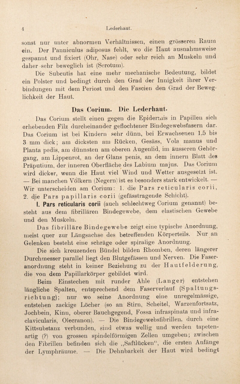 sonst nur unter abnormen Verhältnissen, einen grösseren Raum ein. Der Panniculus adiposus fehlt, wo die Haut ausnahmsweise gespannt und fixiert (Ohr, Nase) oder sehr reich an Muskeln und daher sehr beweglich ist (Scrotum). Die Subcutis hat eine mehr mechanische Bedeutung, bildet ein Polster und bedingt durch den Grad der Innigkeit ihrer Ver¬ bindungen mit dem Periost und den Fascien den Grad der Beweg¬ lichkeit der Haut. Das Corium. Die Lederhaut. Das Corium stellt einen gegen die Epidermis in Papillen sich erhebenden Filz durcheinander geflochtener Bindegewebsfasern dar. Das Corium ist bei Kindern sehr dünn, bei Erwachsenen 1,5 bis 3 nun dick; am dicksten am Rücken, Gesäss, Vola manus und Planta pedis, am dünnsten am oberen Augenlid, im äusseren Gehör¬ gang, am Lippenrot, an der Glans penis, an dem innern Blatt des Präputium, der inneren Oberfläche des Labium majus. Das Corium wird dicker, wenn die Haut viel Wind und Wetter ausgesetzt ist. — Bei manchen Völkern (Negern) ist es besonders stark entwickelt. — Wir unterscheiden am Corium: 1. die Pars reticularis corii, 2. die Pars papillaris corii (gefässtragende Schicht). I. Pars reticularis corii (auch schlechtweg Corium genannt) be¬ steht aus dem fibrillären Bindegewebe, dem elastischen Gewebe und den Muskeln. ' Das fibrilläre Bindegewebe zeigt eine typische Anordnung, meist quer zur Längsachse des betreffenden Körperteils. Nur an Gelenken besteht eine schräge oder spiralige Anordnung. Die sich kreuzenden Bündel bilden Rhomben, deren längerer Durchmesser parallel liegt den Blutgefässen und Nerven. Die Faser* anordnung steht in keiner Beziehung zu der Hautfelderung, die von dem Papillarkörper gebildet wird. Beim Einstechen mit runder Ahle (Langer) entstehen längliche Spalten, entsprechend dem Faserverlauf (Spaltungs¬ richtung); nur wo seine Anordnung eine unregelmässige, entstehen zackige Löcher (so an Stirn, Scheitel, Warzenfortsatz, Jochbein, Kinn, oberer Bauchgegend, Fossa infraspinata und inira- clavicularis, Olecranon). — Die Bindegewebsfibrillen, durch eine Kittsubstanz verbunden, sind etwas wellig und werden tapeten¬ artig (?) von grossen spindelförmigen Zellen umgeben; zwischen den Fibrillen befinden sich die ,,Saftlücken“, die ersten Anfänge der Lymphräume. — Die Dehnbarkeit der Haut wird bedingt