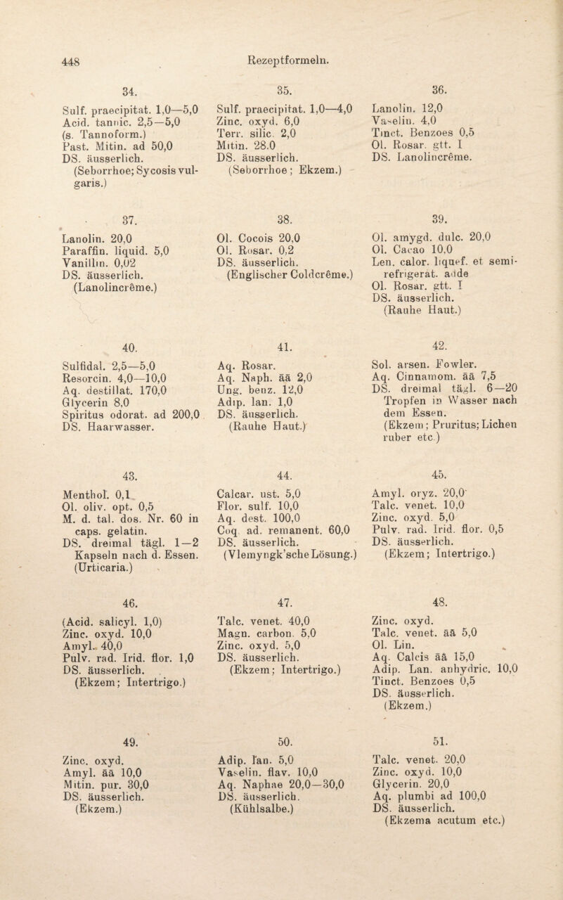 34. Sulf. praecipitat. 1,0—5,0 Acid. tannic. 2,5—5,0 (s. Tannoform.) Fast. Mitin. ad 50,0 DS. äusserlich. (Seborrhoe; Sycosis vul¬ garis.) 87. Lanolin. 20,0 Paraffin, liquid. 5,0 Vanillin. 0,02 DS. äusserlich. (Lanolincröme.) 40. Sulfidal. 2,5—5,0 Resorcin. 4,0—10,0 Aq. destillat. 170,0 Glycerin 8,0 Spiritus odorat. ad 200,0 DS. Haarwasser. 48. Menthol. 0,1 Ol. oliv. opt. 0,5 M. d. tal. dos. Nr. 60 in caps. gelatin. DS. dreimal tägl. 1—2 Kapseln nach d. Essen. (Urticaria.) 46. (Acid. salicyl. 1,0) Zinc. oxyd. 10,0 AmyL 40,0 Pulv. rad. Irid. flor. 1,0 DS. äusserlich. (Ekzem; Intertrigo.) 49. Zinc. oxyd. Amyl. ää 10,0 Mitin. pur. 80,0 DS. äusserlich. (Ekzem.) 35. Sulf. praecipitat. 1,0—4,0 Zinc. oxyd. 6,0 Terr. silic. 2,0 Mitin. 28.0 DS. äusserlich. (Seborrhoe; Ekzem.) 38. Ol. Cocois 20,0 Ol. Rosar. 0,2 DS. äusserlich. (Englischer Coldcröme.) 41. Aq. Rosar. Aq. Naph. ää 2,0 Ung. benz. 12,0 Adip. lan. 1,0 DS. äusserlich. (Rauhe Haut.) 44. Calcar. ust. 5,0 Flor. sulf. 10,0 Aq. dest. 100,0 Coq ad. remanent. 60,0 DS. äusserlich. (Vlemyngk’sche Lösung.) 47. Tale, venet. 40,0 Magn. carbon. 5,0 Zinc. oxyd. 5,0 DS. äusserlich. (Ekzem; Intertrigo.) 50. Adip. lan. 5,0 Vaselin, flav. 10,0 Aq. Naphae 20,0—30,0 DS. äusserlich. (Kühlsalbe.) 36. Lanolin. 12,0 Vaselin. 4,0 Tinct. Benzoes 0,5 Ol. Rosar. gtt. I DS. Lanolincreme. 39. Ol. amygd. dulc. 20,0 Ol. Cacao 10,0 Len. calor. liquef. et semi- refngerat. aöde Ol. Rosar. gtt. I DS. äusserlich. (Rauhe Haut.) 42. Sol. arsen. Fowler. Aq. Cinnamom. ää 7,5 DS. dreimal tägl. 6—20 Tropfen in Wasser nach dem Essen. (Ekzem; Pruritus; Lichen ruber etc.) 45. Amyl. oryz. 20,0' Tale, venet. 10,0 Zinc. oxyd. 5,0 Pülv. rad. Irid. flor. 0,5 DS. äusserlich. (Ekzem; Intertrigo.) 48. Zinc. oxyd. Tale, venet. ää 5,0 Ol. Lin. Aq. Calcis ää 15,0 Adip. Lan. anhydric. 10,0 Tinct. Benzoes 0,5 DS. äusserlich. (Ekzem.) 51. Tale, venet. 20,0 Zinc. oxyd. 10,0 Glycerin. 20,0 Aq. plumbi ad 100,0 DS. äusserlich. (Ekzema acutum etc.)