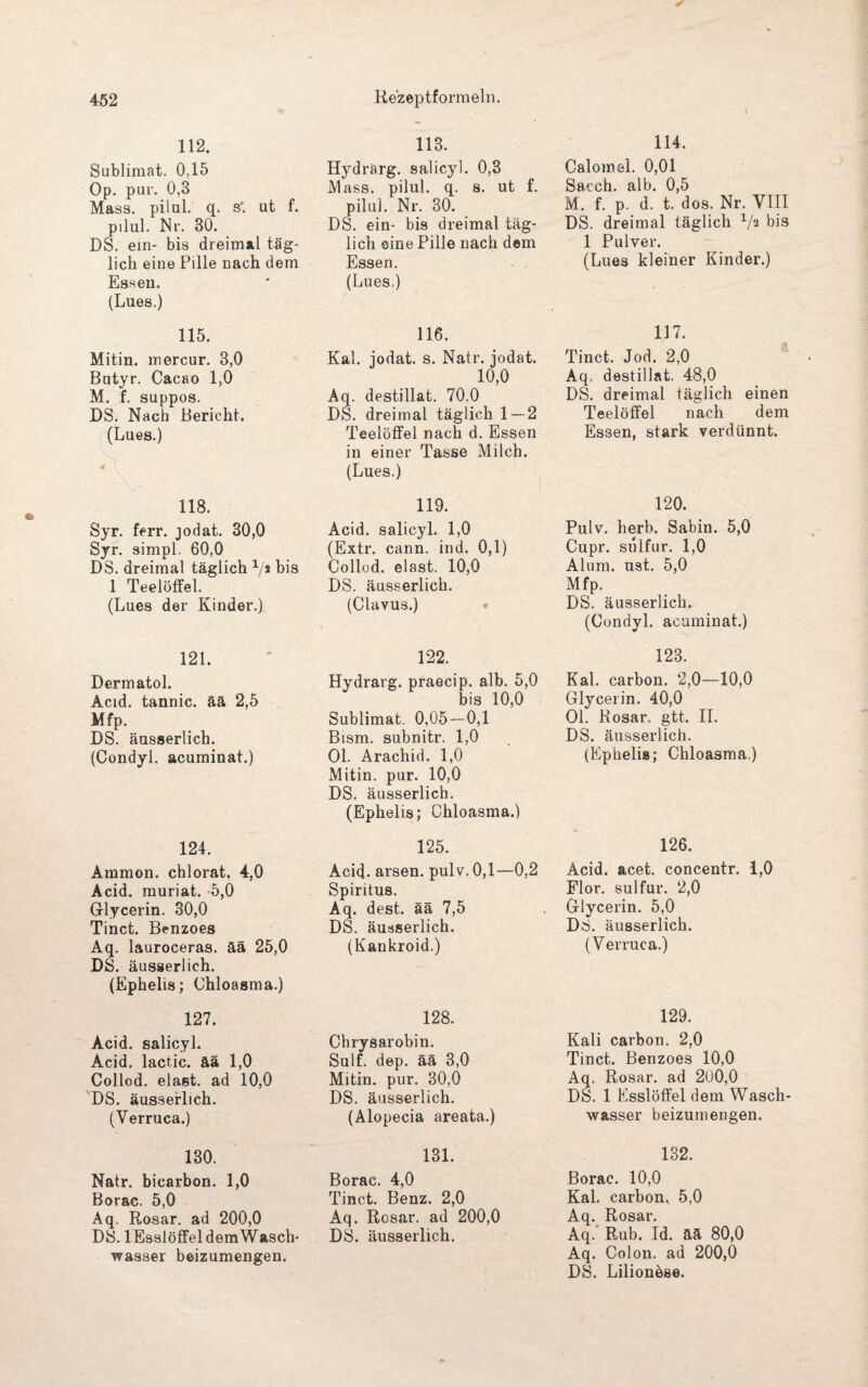 112. Sublimat. 0,15 Op. pur. 0,3 Mass. piiul. q. s*. ut f. pilul. Nr. 30. DS. ein- bis dreimal täg¬ lich eine Pille nach dem Essen. (Lues.) 115. Mitin. mercur. 3,0 Butyr. Cacao 1,0 M. f. suppos. DS. Nach Bericht. (Lues.) 118. Syr. ferr. jodat. 30,0 Syr. simpl. 60,0 DS. dreimal täglich x/j bis 1 Teelötfel. (Lues der Kinder.) 121. Dermatol. Acid. tannic. ää 2,5 Mfp. DS. äusserlich. (Condyl. acuminat.) 124. Ammon, chlorat. 4,0 Acid. muriat. 5,0 Glycerin. 30,0 Tinct. Benzoes Aq. lauroceras. ää 25,0 DS. äusserlich. (Ephelis; Chloasma.) 127. Acid. salicyl. Acid. lactic. ää 1,0 Collod. elast. ad 10,0 DS. äusserlich. (Verruca.) 130. Natr. bicarbon. 1,0 Borac. 5,0 Aq. Rosar. ad 200,0 DS. 1 Esslöffel dem Wasch¬ wasser beizumengen. 113. Hydrärg. salicyl. 0,3 Mass. pilul. q. s. ut f. pilul. Nr. 30. DS. ein- bis dreimal täg¬ lich sine Pille nach dem Essen. (Lues.) 116. Kal. jodat. s. Natr. jodat. 10,0 Aq. destillat. 70,0 DS. dreimal täglich 1 — 2 Teelöffel nach d. Essen in einer Tasse Milch. (Lues.) 119. Acid. salicyl. 1,0 (Extr. cann. ind. 0,1) Collod. elast. 10,0 DS. äusserlich. (Clavus.) 122. Hydrarg. praecip. alb. 5,0 bis 10,0 Sublimat. 0,05 — 0,1 Bism. subnitr. 1,0 Ol. Arachid. 1,0 Mitin. pur. 10,0 DS. äusserlich. (Ephelis; Chloasma.) 125. Aci(J. arsen. pulv. 0,1—0,2 Spiritus. Aq. dest. ää 7,5 DS. äusserlich. (Kankroid.) 128. Chrysarobin. Sulf. dep. ää 3,0 Mitin. pur. 30,0 DS. äusserlich. (Alopecia areata.) 131. Borac. 4,0 Tinct. Benz. 2,0 Aq. Rosar. ad 200,0 DS. äusserlich. 114. Calomel. 0,01 Sacch. alb. 0,5 M. f. p. d. t. dos. Nr. VIII DS. dreimal täglich V2 bis 1 Pulver. (Lues kleiner Kinder.) 117. Tinct. Jod. 2,0 Aq. destillat. 48,0 DS. dreimal täglich einen Teelöffel nach dem Essen, stark verdünnt. 120. Pulv. herb. Sabin. 5,0 Cupr. sulfur. 1,0 Alum. ust. 5,0 Mfp. DS. äusserlich. (Condyl. acuminat.) 123. Kal. carbon. 2,0—10,0 Glycerin. 40,0 Ol. Rosar. gtt. II. DS. äusserlich. (Ephelis; Chloasma.) 126. Acid. acet. concentr. 1,0 Flor, sulfur. 2,0 Glycerin. 5,0 D8. äusserlich. (Verruca.) 129. Kali carbon. 2,0 Tinct. Benzoes 10,0 Aq. Rosar. ad 2ü0,0 DS. 1 Esslöffel dem Wasch¬ wasser beizumengen. 132. Borac. 10,0 Kal. carbon, 5,0 Aq. Rosar. Aq. Rub. Id. ää 80,0 Aq. Colon, ad 200,0 DS. Lilionäse.