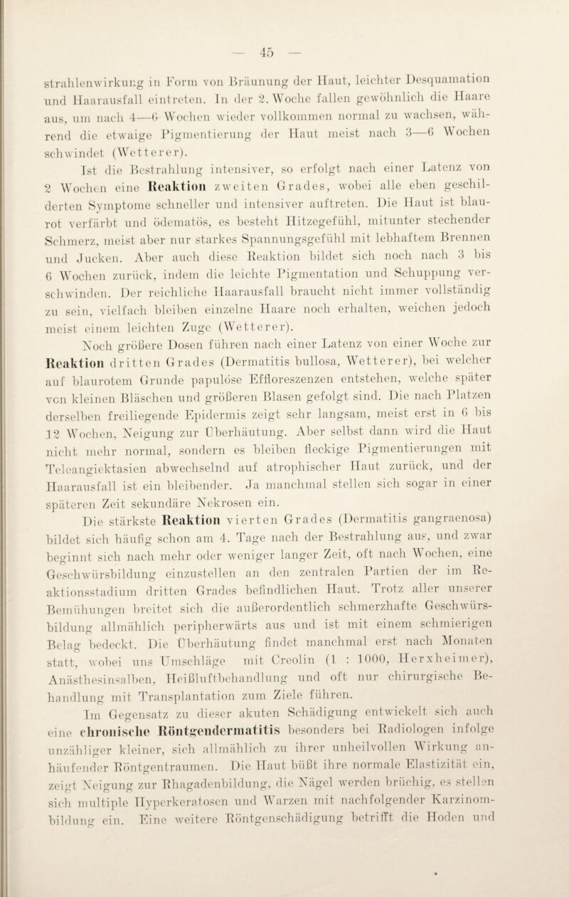 Strahlenwirkung in Form von Bräunung der Haut, leichter Desquamation und Haarausfall eintreten. In der 2. Woche fallen gewöhnlich die Haare aus, um nach 4—6 Wochen wieder vollkommen normal zu wachsen, wäh¬ rend die etwaige Pigmentierung der Haut meist nach 3—G \\ ochen schwindet (Wett er er). Ist die Bestrahlung intensiver, so erfolgt nach einer Latenz von 2 Wochen eine Reaktion zweiten Grades, wobei alle eben geschil¬ derten Symptome schneller und intensiver auftreten. Die Haut ist blau¬ rot verfärbt und ödematös, es besteht Hitzegefühl, mitunter stechender Schmerz, meist aber nur starkes Spannungsgefühl mit lebhaftem Brennen und Jucken. Aber auch diese Reaktion bildet sich noch nach 3 bis G Wochen zurück, indem die leichte Pigmentation und Schuppung ver¬ schwinden. Der reichliche Haarausfall braucht nicht immer vollständig zu sein, vielfach bleiben einzelne Haare noch erhalten, weichen jedoch meist einem leichten Zuge (Wetterer). Noch größere Dosen führen nach einer Latenz von einer Woche zur Reaktion dritten Grades (Dermatitis bullosa, Wetterer), bei welcher auf blaurotem Grunde papulöse Effloreszenzen entstehen, welche später von kleinen Bläschen und größeren Blasen gefolgt sind. Die nach Platzen derselben freiliegende Epidermis zeigt sehr langsam, meist erst in G bis 12 Wochen, Neigung zur Überhäutung. Aber selbst dann wird die Haut nicht mehr normal, sondern es bleiben fleckige Pigmentierungen mit Teleangiektasien abwechselnd auf atrophischer Haut zurück, und der Haarausfall ist ein bleibender. Ja manchmal stellen sich sogar in einer späteren Zeit sekundäre Nekrosen ein. Die stärkste Reaktion vierten Grades (Dermatitis gangraenosa) bildet sich häufig schon am 4. Tage nach der Bestrahlung aus, und zwar beginnt sich nach mehr oder weniger langer Zeit, oft nach Wochen, eine Geschwürsbildung einzustellen an den zentralen Partien der im Re¬ aktionsstadium dritten Grades befindlichen Haut. Protz aller unserer Bemühungen breitet sich die außerordentlich schmerzhafte Geschwürs¬ bildung allmählich peripherwärts aus und ist mit einem schmierigen Belag bedeckt. Die Überhäutung findet manchmal erst nach Monaten statt, wobei uns Umschläge mit Creolin (1 : 1000, Herxheim ei), Anästhesinsalben, Heißluftbehandlung und oft nur chirurgische Be¬ handlung mit Transplantation zum Ziele führen. Im Gegensatz zu dieser akuten Schädigung entwickelt sich auch eine chronische Röntgendermatitis besonders bei Radiologen infolge unzähliger kleiner, sich allmählich zu ihrer unheilvollen Wirkung an¬ häufender Röntgentraumen. Die Haut büßt ihre normale Elastizität ein, zeigt Neigung zur Rhagadenbildung, die Nägel werden brüchig, es stellen sich multiple Ilyperkeratosen und Warzen mit nachfolgender Karzinom- bildunff ein. Eine weitere Röntgenschädigung betrifft die Hoden und