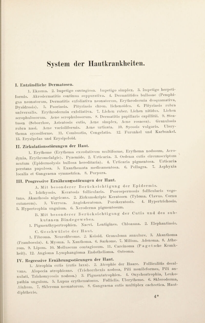 I. Entzündliche Dermatosen. 1. Ekzema. 2. Impetigo contagiosa. Impetigo simplex. 3. Impetigo herpeti- formis. Akrodermatitis continua suppurativa. 4. Dermatitides bullosae (Pemphi¬ gus neonatorum, Dermatitis exfoliativa neonatorum, Erythrodermia desquamativa, Dysidrosis). 5. Psoriasis. Pityriasis chron. lichenoides. 6. Pityriasis rubra universalis. Erythrodermia exfoliativa. 7. Lichen ruber. Lichen nitidus. Lichen scrophulosorum. Acne scrophulosorum. 8. Dermatitis papillaris capillitii. 8. Stea- tosen (Seborrhoe, Asteatosis cutis, Acne simplex, Acne rosacea). Granulosis rubra nasi. Acne varioliformis. Acne urticata. 10. Sycosis vulgaris. Ulery¬ thema sycosiforme. 11. Combustio, Congelatio. 12. Furunkel und Karbunkel. 13. Erysipelas und Erysipeloid. II. Zirkulationsstörungen der Haut. 1. Erytheme (Erythema exsudativum multiforme, Erythema nodosum, Acro- dynia, Erythromelalgie). Pyaemide. 2. Urticaria. 3. Oedema cutis circumscriptum acutum (Epidermolysis bullosa hereditaria). 4. Urticaria pigmentosa. Urticaria perstans papulosa. 5. Exantheinata medicamentosa. 6. Pellagra. 7. Asphyxia localis et Gangraena symmetrica. 8. Purpura. III. Progressive Ernährungsstörungen der Haut. A. Mit besonderer Berücksichtigung der Epidermis. 1. Ichthyosis. Keratosis follicularis. Psorospermosis follicularis vege¬ tans. Akanthosis nigricans. 2. Zirkumskripte Keratosen (Tyloma. Clavus. Cornu cutaneum). 3. Verruca. Angiokeratoma. Porokeratosis. 4. Hypertrichosis. 5. Hypertropbia unguium. 6. Xeroderma pigmentosum. B. Mit besonderer Berücksichtigung der Cutis und des sub¬ kutanen Bindegewebes. 1. Pigmenthypertrophien. Naevi. Lentigines. Chloasma. 2. Elephantiasis. C. Geschwülste der Haut. 1. Fibroma. Neurofibrome. 2. Keloid. Granuloma annulare. 3. Akanthoma (Framboesia). 4. Myoma. 5. Xanthoma. 6. Sarkome. 7. Milium. Adenoma. 8. Athe¬ rom. 9. Lipom. 10. Molluscum contagiosum. 11. Carcinoma (P a g e t sehe Krank¬ heit). 12. Angioma Lymphangioma Endothelioma. Osteoma. IV. Regressive Ernährungsstörungen der Haut. 1. Atrophia cutis (cutis laxa). 2. Atrophie der Haare. Folliculitis decal¬ vans. Alopecia atrophicans. (Trichorrhexis nodosa, Pili monileformes, Pili an- nulati, Trichomycosis nodosa.) 3. Pigmentatrophien. 4. Onychoatrophia, Leuko¬ pathia unguium. 5. Lupus erythematosus. Folliclis. Ulerytheme. 6. Skleroderma, Ainhum. 7. Sklerema neonatorum. 8. Gangraena cutis multiplex cachectica. Haut- diphtlierie. 4*