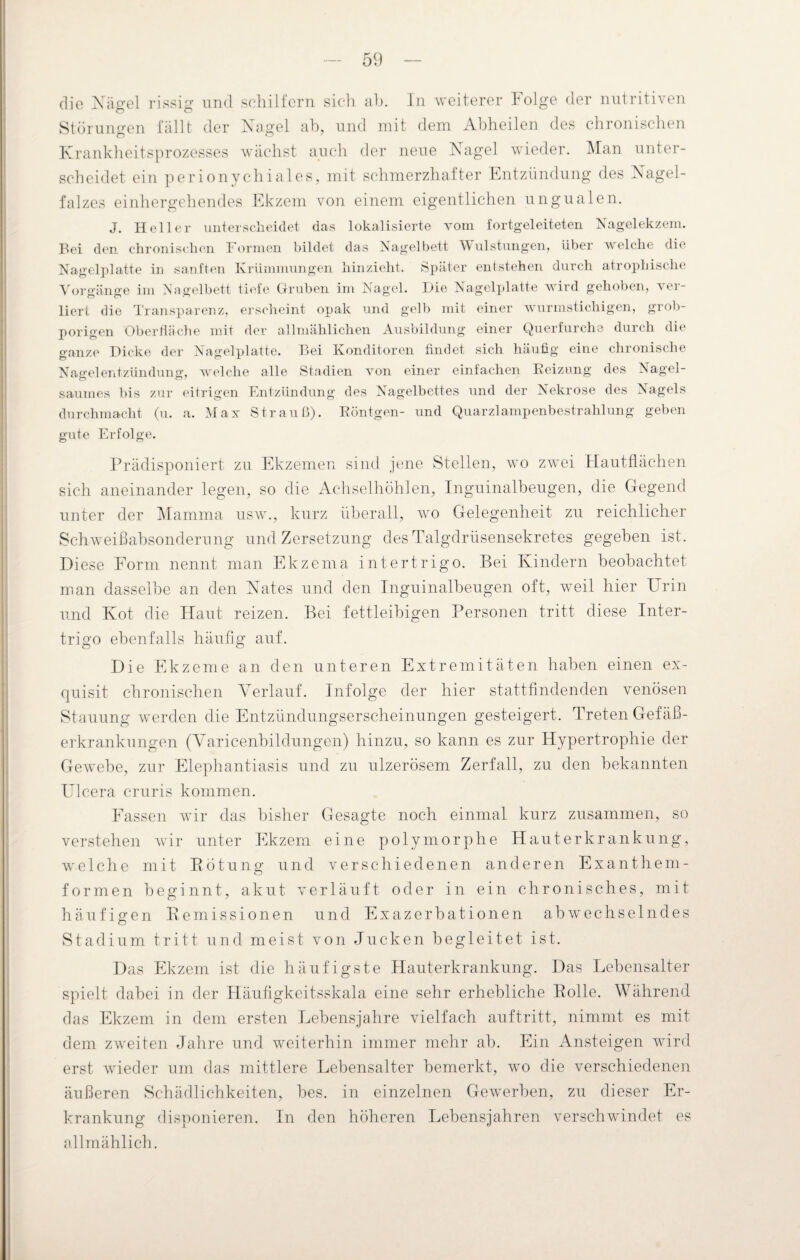 die Nägel rissig und schilfern sich ab. In weiterer Folge der nutritiven Störungen fällt der Nagel ah, und mit dem Abheilen des chronischen Krankheitsprozesses wächst auch der neue Nagel wieder. Man unter¬ scheidet ein perionychiales, mit schmerzhafter Entzündung des Nagel¬ falzes einhergehendes Ekzem von einem eigentlichen ungualen. J. Heller unterscheidet das lokalisierte vom fortgeleiteten Nagelekzem. Bei den chronischen Formen bildet das Nagelbett Wulstungen, über welche die Nagelplatte in sanften Krümmungen hinzieht. Später entstehen durch atrophische Vorgänge im Nagelbett tiefe Gruben im Nagel. Hie Nagelplatte wird gehoben, ver¬ liert die Transparenz, erscheint opak und gelb mit einer wurmstichigen, grob¬ porigen Oberfläche mit der allmählichen Ausbildung einer Querfurche durch. die ganze Dicke der Nagelplatte. Bei Konditoren findet sich häufig eine chronische Nagelentzündung, welche alle Stadien von einer einfachen Reizung des Nagel- sauines bis zur eitrigen Entzündung des Nagelbettes und der Nekrose des Nagels durchmacht (u. a. Max Strauß). Röntgen- und Quarzlampenbestrahlung geben gute Erfolge. Prädisponiert zu Ekzemen sind jene Stellen, wo zwei Hautflächen sich aneinander legen, so die Achselhöhlen, Inguinalbeugen, die Gegend unter der Mamma usw., kurz überall, wo Gelegenheit zu reichlicher Schweißabsonderung und Zersetzung des Talgdrüsensekretes gegeben ist. Diese Form nennt man Ekzema Intertrigo. Bei Kindern beobachtet man dasselbe an den Nates und den Inguinalbeugen oft, weil hier Urin und Kot die Haut reizen. Bei fettleibigen Personen tritt diese Inter¬ trigo ebenfalls häufig auf. Die Ekzeme an den unteren Extremitäten haben einen ex¬ quisit chronischen Verlauf. Infolge der hier stattfindenden venösen Stauung werden die Entzündungserscheinungen gesteigert. Treten Gefäß¬ erkrankungen (Varicenbildungen) hinzu, so kann es zur Hypertrophie der Gewebe, zur Elephantiasis und zu ulzerösem Zerfall, zu den bekannten Illcera cruris kommen. Fassen wir das bisher Gesagte noch einmal kurz zusammen, so verstehen wir unter Ekzem eine polymorphe Hauterkrankung, welche mit Rötung und verschiedenen anderen Exanthem¬ formen beginnt, akut verläuft oder in ein chronisches, mit häufigen Remissionen und Exazerbationen abwechselndes Stadium tritt und meist von Jucken begleitet ist. Das Ekzem ist die häufigste Hauterkrankung. Das Lebensalter spielt dabei in der Häufigkeitsskala eine sehr erhebliche Rolle. Während das Ekzem in dem ersten Lebensjahre vielfach auftritt, nimmt es mit dem zweiten Jahre und weiterhin immer mehr ab. Ein Ansteigen wird erst wieder um das mittlere Lebensalter bemerkt, wo die verschiedenen äußeren Schädlichkeiten, bes. in einzelnen Gewerben, zu dieser Er¬ krankung disponieren. In den höheren Lebensjahren verschwindet es allmählich.