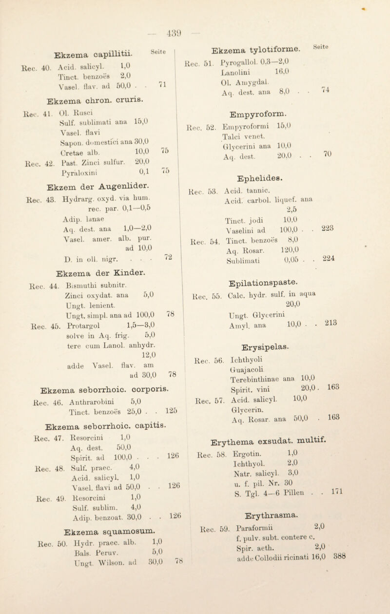 ’l 7ö 75 72 Ekzema capillitii. Seite Ree. 40. Acid. salicyl. 1,0 Tinct. benzoes 2,0 Vasel. flav. ad 50,0 . • Ekzema chron. cruris. Ree. 41. Ol. Rusci Sulf. sublimati ana 15,0 Vasel. flavi Sapon. dnmestici ana 30,0 Oretae alb. 10,0 Rec. 42. Fast. Zinci sulfur. 20,0 Pyraloxini 0,1 Ekzem der Augenlider. Kec. 43. Hydrarg. oxyd. via hum. ree. par. 0,1—0,5 Adip. lanae Acp dest. ana 1,0—2,0 Vasel. amer. alb. pur. ad 10,0 D. in oll. nigr. . • • Ekzema der Kinder. Kec. 44. Bismuthi subnitr. Zinci oxydat. ana 5,0 Ungt. lenient. Ungt. simpl. ana ad 100,0 Kec. 45. Protargol 1,5—3,0 solve in Aq. frig. 5,0 tere cum Lanol. anhydr. 12,0 adde Vasel. flav. am ad 30,0 Ekzema seborrhoic. corporis. Kec. 46. Anthrarobini 5,0 Tinct. benzoes 25,0 . • 125 Ekzema seborrboic. capitis. Kec. 47. Resorcini 1,0 Aq. dest. 50,0 Spirit, ad 100,0 . Kec. 48. Sulf. praec. 4,0 Acid. salicyl. 1,0 Vasel. flavi ad 50,0 . • Kec. 49. Resorcini 1,0 Sulf. sublim. 4,0 Adip. benzoat. 30,0 . • Ekzema squamosum. Kec. 50. Hydr. praec. alb. 1,0 Bals. Peruv. 5,0 Ungt. Wilson, ad 30,0 78 78 Ekzema tylotiforme. Kec. 51. Pyrogallol. 0,3—2,0 Lanolini 16,0 01. Amygdal. Aq. dest. ana 8,0 . Empyroform. Kec. 52. Empyroformi 15,0 Talei venet. Glycerini ana 10,0 Seite 126 126 126 Aq. dest. 20,0 Ephelides. Kec. 53. Acid. tannic. Acid. carbol. liquef. ana 2,5 Tinct. jodi 10,0 Vaselini ad 100,0 . Kec. 54. Tinct. benzoes 8,0 Aq. Rosar. 120,0 Sublimati 0,05 . • 74 70 223 224 Epilationspaste. Kec 55. Calc. hydr. sulf. in aqua 20,0 Ungt. Grlycerini Amyl. ana 10,0 . • 213 Erysipelas. Kec. 56. Ichthyoli Guajacoli Terebinthinae ana 10,0 Spirit, vini 20,0 . 163 Kec. 57. Acid. salicyl. 10,0 Glycerin. Aq. Kosar. ana 50,0 163 Erythema exsudat. multif. Kec. 58. Ergotin. 1,0 Ichthyol. 2,0 Natr. salicyl. 3,0 u. f. pil- Nr. 30 S. Tgl. 4—6 Billen . . 171 78 Erythrasma. Kec. 59. Baraformii 2,0 f. pulv. subt. contere c. Spir. aeth. 2,0 adde Collodii ricinati 16,0 388