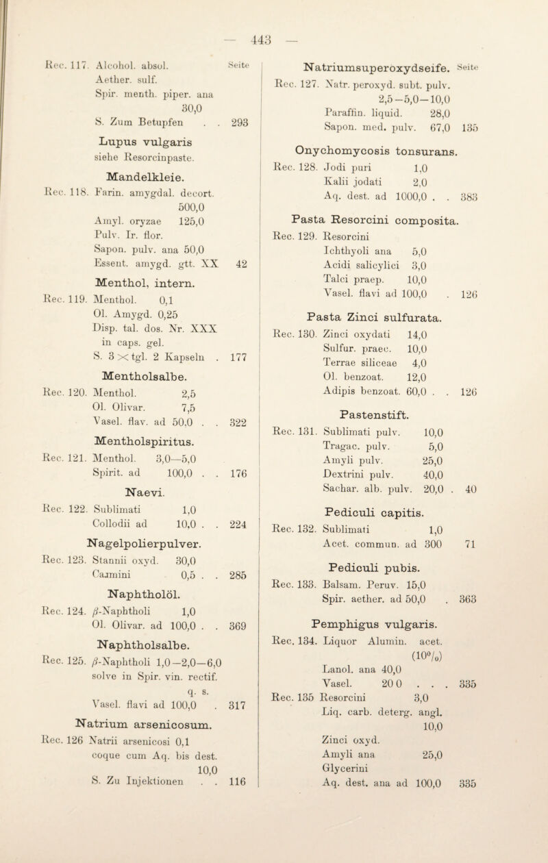 Rec. 117. Alcohol. absol. Seite Aether. sulf. Spir. menth. piper. ana 30,0 S. Zum Betupfen . . 293 Lupus vulgaris siebe Resorcinpaste. Mandelkleie. Rec. 118. Farin, amygdal. decort. 500,0 Amyl. oryzae 125,0 Pulv. Ir. flor. Sapon. pulv. ana 50,0 Essent. amygd. gtt. XX 42 Menthol, intern. Rec. 119. Menthol. 0,1 01. Amygd. 0,25 Disp. tal. dos. Nr. XXX . m caps. gel. S. 3 x tgl. 2 Kapseln . 177 Mentholsalhe. Rec. 120. Menthol. 2,5 01. Olivar. 7,5 Vasel. flav. ad 50,0 . . 322 Mentholspiritus. Rec. 121. Menthol. 3,0—5,0 Spirit, ad 100,0 . . 176 Naevi. Natriumsuperoxydseife. Seite Rec. 127. Xatr. peroxyd. suht. pulv. 2,5-5,0-10,0 Paraffin, liquid. 28,0 Sapon. med. pulv. 67,0 135 Onychomycosis tonsurans. Rec. 128. Jodi puri 1,0 Kalii jodati 2,0 Aq. dest. ad 1000,0 . . 383 Pasta Resorcini composita. Rec. 129. Resorcini Ichthyoli ana 5,0 Acidi salicylici 3,0 Talei praep. 10,0 Vasel. flavi ad 100,0 . 126 Pasta Zinci sulfurata. Rec. 130. Ziaci oxydati 14,0 Sulfur, praec. 10,0 Terrae siliceae 4,0 Ol. benzoat. 12,0 Adipis benzoat. 60,0 . . 126 Pastenstift. Rec. 131. Sublimati pulv. 10,0 Tragac. pulv. 5,0 Amyli pulv. 25,0 Dextrini pulv. 40,0 Sachar. alb. pulv. 20,0 . 40 Rec. 122. Sublimati 1,0 Collodii ad 10,0 . . 224 Nagelpolierpulver. Rec. 123. Stannii oxyd. 30,0 Caamini 0,5 . . 285 Naphtholöl. Rec. 124. /TNaphtholi 1,0 Ol. Olivar. ad 100,0 . . 369 Naphtholsalbe. Rec. 125. /?-Naphtholi 1,0—2,0—6,0 solve in Spir. vin. rectif. q. s. Vasel. flavi ad 100,0 . 317 Natrium arsenicosum. Rec. 126 Natrii arsenicosi 0,1 coque cum Aq. bis dest. 10,0 S. Zu Injektionen . . 116 Pediculi capitis. Rec. 132. Sublimati 1,0 Acet. commiiD. ad 300 71 Pediculi pubis. Rec. 133. Balsam. Peruv. 15,0 Spir. aether. ad 50,0 . 363 Pemphigus vulgaris. Rec. 134. Liquor Alumin. acet. (10°/0) Lanol. ana 40,0 Vasel. 20 0 . . Rec. 135 Resorcini 3,0 Liq. carb. deterg. angl. 10,0 Zinci oxyd. Amyli ana 25,0 Glycerini Aq. dest. ana ad 100,0 335 335