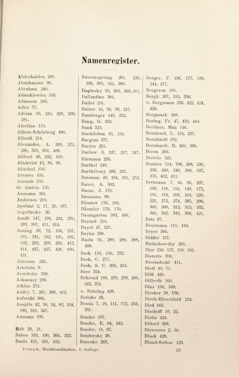 Namenregister. Abderhalden 298. Abenhausen 98. Abraham 240. Adamkiewicz 133. Adamson 203. Adler 77. Adrian 93, 216, 228, 230, 281. Afzelius 115. Albers-Schönberg 400. Alberti 214. Alexander, A. 269, 271, 290, 335, 354, 408. Alibert 49, 232, 418. Almkvist 13, 84, 98. Altschul 150. Alvarez 435. Am ende 159. de Amicis 133. Ammann 361. Anderson 210. Apolant 2, 17, 25, 187. Argutinsky 20. Arndt 289, 147, 397, 194, 411, 234, 414. 276, Arning 39, 72, 156, 157, 00 U-4 181, 182, 191, 192, 192, 232, 259, 293, 412, 414, 431. 427, 427, 428, 430, Arnozan 236. Arnstein 9. Aronheim. 350. Askanazy 250. Atkins 274. Audry 7, 261, 288, 412. Aufrecht 386. Auspitz 42, 50, 54, 82, 134, 180, 316, 347. Axmann 105. Bab 20, 21. Babes 103, 190, 306, 332. Baelz 425, 431, 432. Joseph, Hautkrankheiten. Baerensprung 201, 220, 246, 305, 341, 386. Baginsky 85, 303, 303,311. Ballantine 301. Ballet 251. Balzer 16, 93, 99, 247. Bamberger 149, 332. Bang, G. 353. Bank 323. ßardeleben 85, 150. Bargum 377. Barjou 251. Barlow 3, 247, 247, 247. Bärmann 235. Barthel 249. Barth öl emy 289, 397. Bateman 49, 194, 251, 252. Bauer, A. 302. Baum, J. 176. Baumann 98. Bäumer 176, 182. Bäumler 170, 170. Baumgarten 393, 406. Bayard 216. Bavet 47, 327. Bayha 398. Bazin 61, 289, 290, 388, 408. Beck 118, 150, 273. Beck, C. 277. Beck, S. C. 203, 254. Beez 324. Behrend 188, 279, 279, 280, 343, 374. v. Behring 428. Beitzke 28. Benda 7, 16, 111, 172, 253, 351. Bender 107. Bender, E. 64, 342. Bender, O. 87. Bendersky 20. Benecke 263. 8. Auflage. Berger, F. 156, 177, 190, 344, 377. Bergeron 188. Bergh 207, 313, 356. v. Bergmann 233, 422, 424, 426. Bergmark 308. Bering, Fr. 47, 410, 410. Berliner, Max 146. Bernhard, L. 154, 227. Bernhardt 192. Bernhardt, R. 369, 398. Beron 203. Bertels 321. Besnier 114, 198, 208, 236, 236, 240, 240, 260, 327, 370, 402, 411. Bettmann 7 , 16, 93, 107, 109, 118, 134, 149, 177, 1S1, 184, 203, 214, 220, 221, 272, 274, 285, 296, 308, 309, 312, 313, 332, 340, 342, 343, 394, 42 L. Betz 3 7. Beurmann 115, 410. Beyer 305. Bidder 157. Bielschowsky 285. Bier 150, 157, 159, 192. Bierotte 394. Biesiadecki 411. ßiett 49, 71. Bim 420. Billroth 160. Binz 154, 349. Bircher 78. 178. Birch-Hirschfeld 234. Bird 162. Bischoff 10, 22. Bistis 424. Bittorf 308. Bizzozero 2, 30. Black 428. Bland-Sutton 123. 29