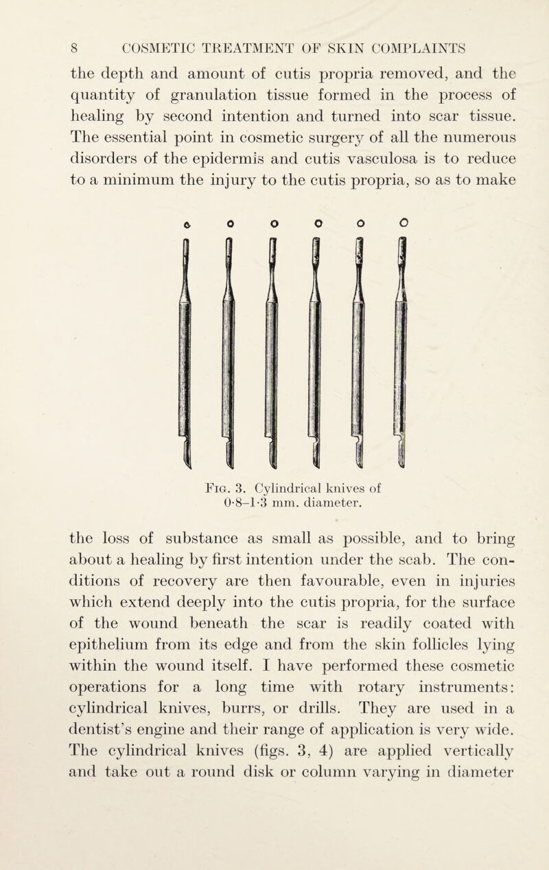 the depth and amount of cutis propria removed, and the quantity of granulation tissue formed in the process of healing by second intention and turned into scar tissue. The essential point in cosmetic surgery of all the numerous disorders of the epidermis and cutis vasculosa is to reduce to a minimum the injury to the cutis propria, so as to make e- 3 0 D < D O 3 fs 1 '!! 1 | i! 'lj 1 3 j 1 i I ’ 1 / I '' I' if I 1 i ' lj 1 1 I 1 « i i Fig. 3. Cylindrical knives of 08-1-3 mm. diameter. the loss of substance as small as possible, and to bring about a healing by first intention under the scab. The con¬ ditions of recovery are then favourable, even in injuries which extend deeply into the cutis propria, for the surface of the wound beneath the scar is readily coated with epithelium from its edge and from the skin follicles lying within the wound itself. I have performed these cosmetic operations for a long time with rotary instruments: cylindrical knives, burrs, or drills. They are used in a dentist’s engine and their range of application is very wide. The cylindrical knives (figs. 3, 4) are applied vertically and take out a round disk or column varying in diameter