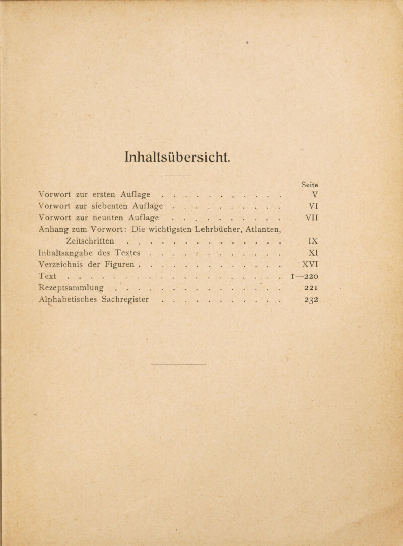 Inhaltsübersicht. Vorwort zur ersten Auflage. Vorwort zur siebenten Auflage. Vorwort zur neunten Auflage. Anhang zum Vorwort: Die wichtigsten Lehrbücher, Atlanten, Zeitschriften. Inhaltsangabe des Textes .. Verzeichnis der Figuren. Text. Rezeptsammlung. Alphabetisches Sachregister. Seite V VI VII IX XI XVI 1—220 221 232