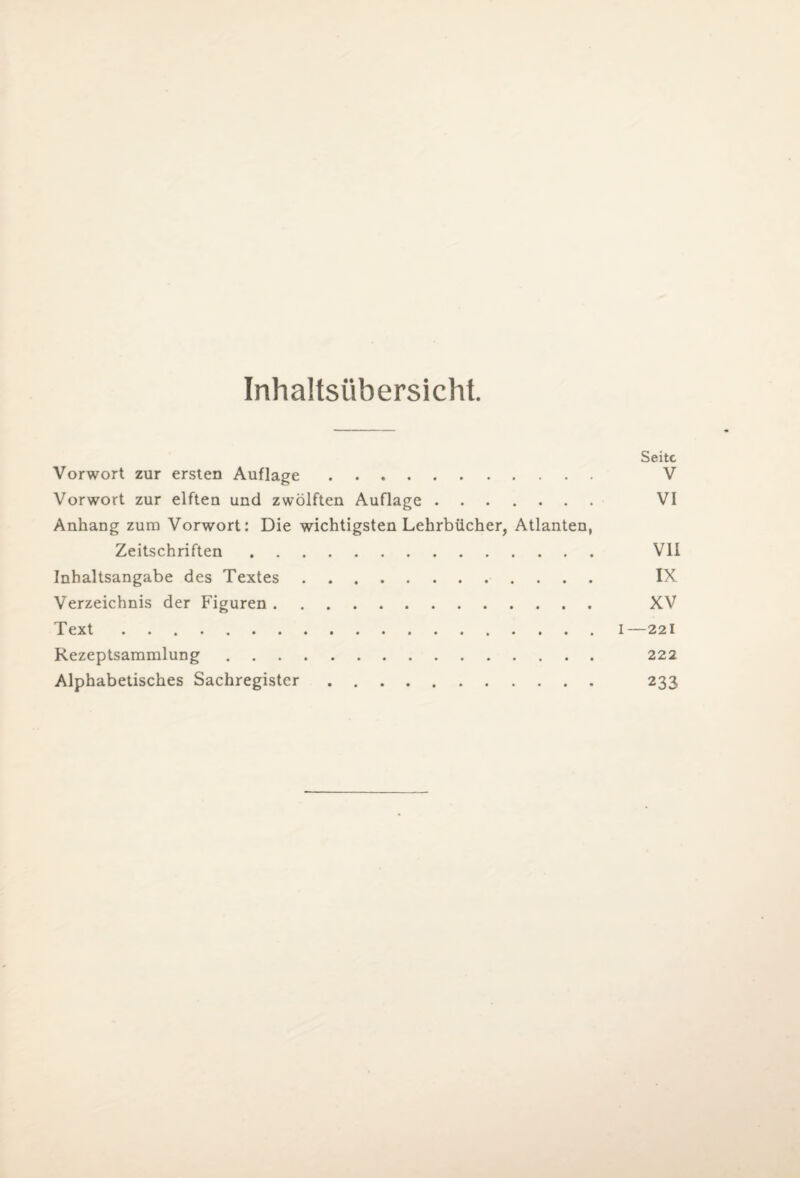 Inhaltsübersicht. Seite Vorwort zur ersten Auflage. V Vorwort zur elften und zwölften Auflage. VI Anhang zum Vorwort: Die wichtigsten Lehrbücher, Atlanten, Zeitschriften. Vll Inhaltsangabe des Textes. IX Verzeichnis der Figuren. XV Text.I—221 Rezeptsammlung. 222 Alphabetisches Sachregister. 233
