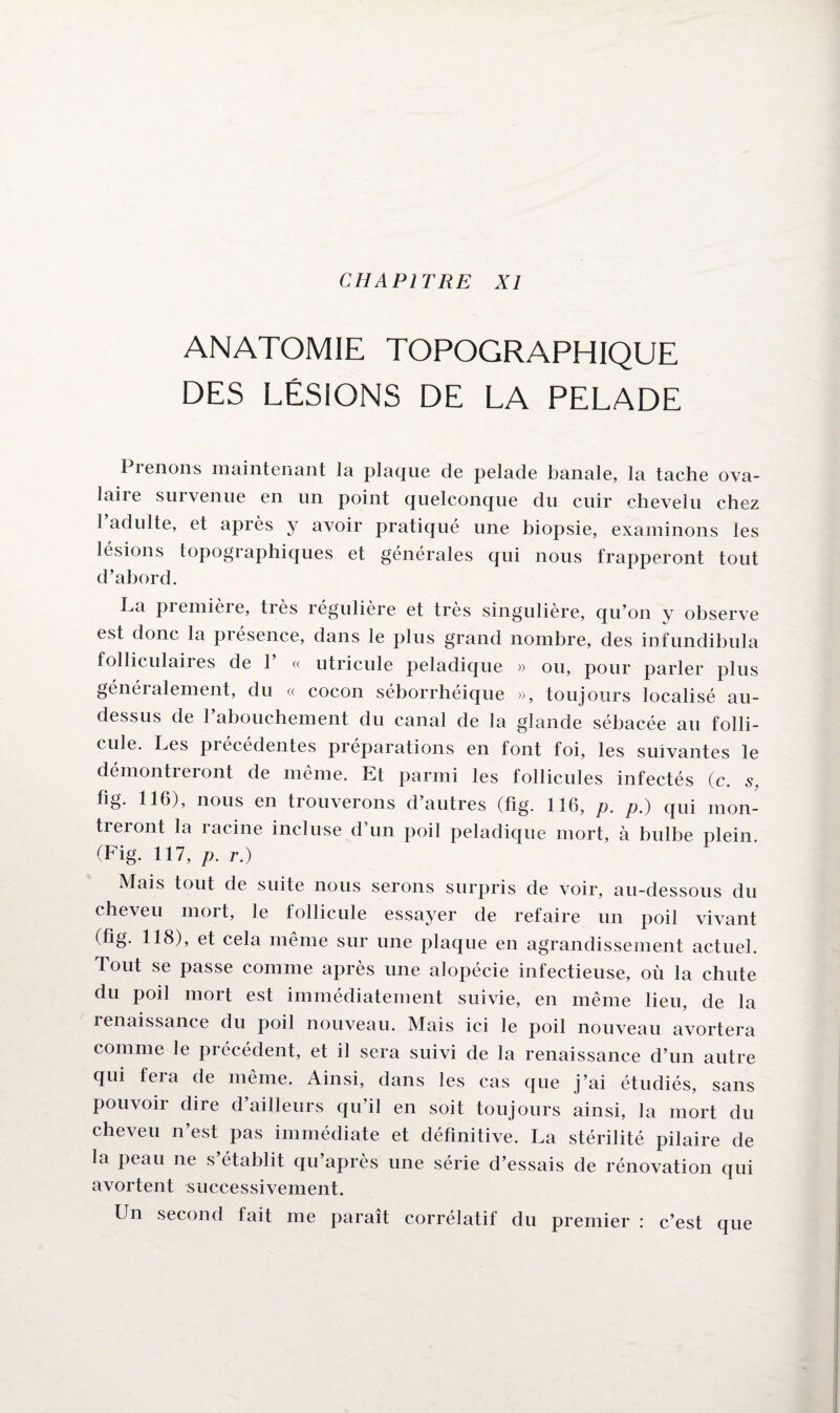 CHAPITRE XI ANATOMIE TOPOGRAPHIQUE DES LÉSIONS DE LA PELADE I lenons maintenant la plaque de pelade banale, la tache ova- laiie survenue en un point quelconque du cuir chevelu chez 1 adulte, et après y avoir pratiqué une biopsie, examinons les lésions topographiques et générales qui nous frapperont tout d’abord. La première, très régulière et très singulière, qu’on y observe est donc la piésence, dans le plus grand nombre, des infundibula folliculaires de 1 « utricule peladique » ou, pour parler plus généialement, du « cocon séborrhéique », toujours localisé au- dessus de l’abouchement du canal de la glande sébacée au folli¬ cule. Les précédentes préparations en font foi, les suivantes le démontreront de même. Et parmi les follicules infectés (c. 5, fig. 116), nous en trouverons d’autres (fig. 116, p. p.) qui mon¬ treront la racine incluse d’un poil peladique mort, à bulbe plein. (Fig. 117, />. r.) Mais tout de suite nous serons surpris de voir, au-dessous du cheveu mort, le follicule essayer de refaire un poil vivant tfig. 118), et cela même sur une plaque en agrandissement actuel. Tout se passe comme après une alopécie infectieuse, où la chute du poil mort est immédiatement suivie, en même lieu, de la renaissance du poil nouveau. Mais ici le poil nouveau avortera comme le précédent, et il sera suivi de la renaissance d’un autre qui fera de même. Ainsi, dans les cas que j’ai étudiés, sans pouvoir dire d ailleurs qu’il en soit toujours ainsi, la mort du cheveu n’est pas immédiate et définitive. La stérilité pilaire de la peau ne s’établit qu’après une série d’essais de rénovation qui avortent successivement. Un second tait me paraît corrélatif du premier : c’est que