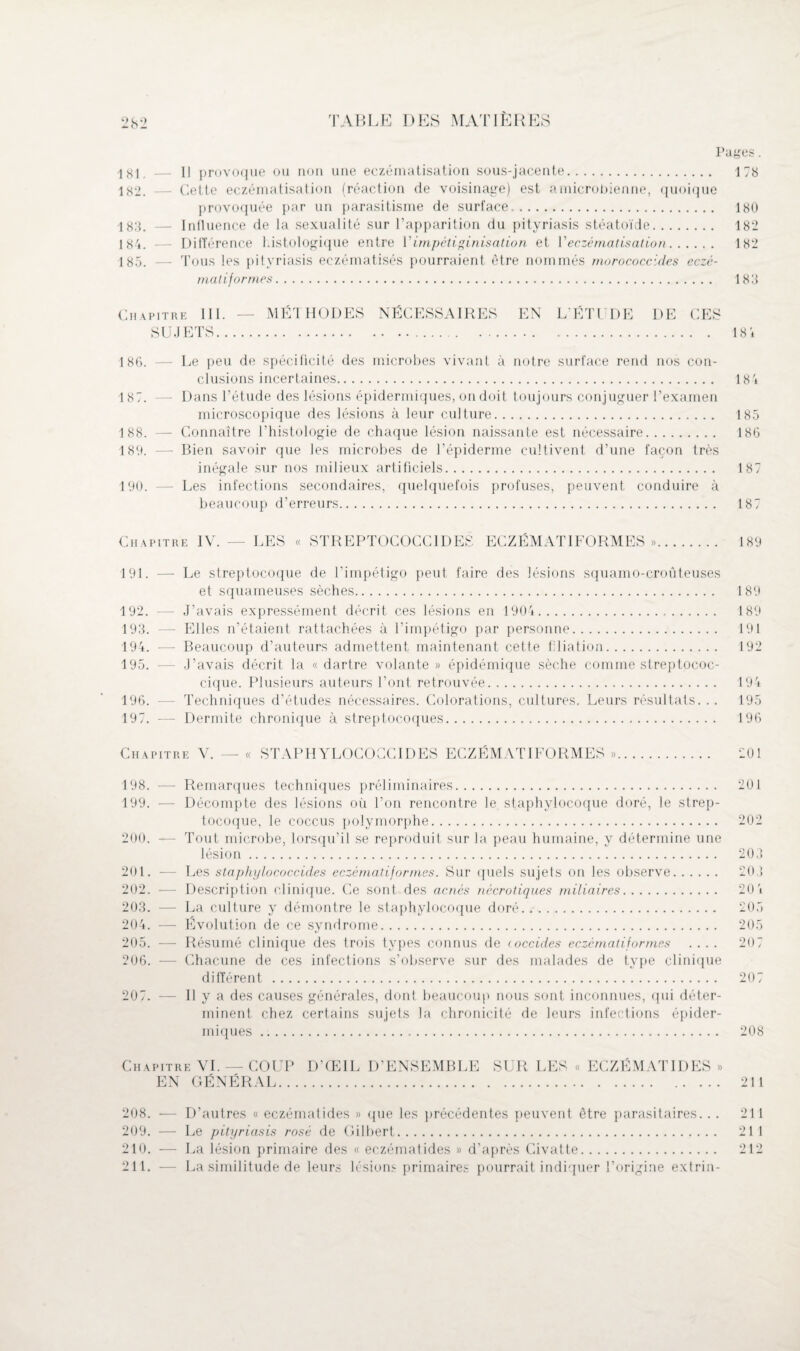 — I] provoque ou non une eczématisation sous-jacente. 178 182. — Cette eczématisation (réaction de voisinage) est amicrobienne, quoique provoquée par un parasitisme de surface. 180 183. — Influence de la sexualité sur l’apparition du pityriasis stéatoïde. 182 184. — Différence histologique entre Y impétiginisation et Yeczématisation. 182 185. — Tous les pityriasis eczématisés pourraient être nommés morococcides eczé- matijormes. 183 Chapitre 111. SUJETS.. MÉTHODES NÉCESSAIRES EN L'ÉTUDE DE CES 18'* 186. — Le peu de spécificité des microbes vivant à notre surface rend nos con¬ clusions incertaines. 18 4 187. — Dans l’étude des lésions épidermiques, on doit toujours conjuguer l’examen microscopique des lésions à leur culture. 185 188. — Connaître l’histologie de chaque lésion naissante est nécessaire. 186 189. — Bien savoir que les microbes de l’épiderme cultivent d’une façon très inégale sur nos milieux artificiels. 187 190. — Les infections secondaires, quelquefois profuses, peuvent conduire à beaucoup d’erreurs. 187 Chapitre IV. — LES « STREPTOCOCCIDES E C Z É M A TIF ORMES ». 189 191. — Le streptocoque de l’impétigo peut faire des lésions squamo-croûteuses et squameuses sèches. 189 192. — J’avais expressément décrit ces lésions en 1904. 189 193. — Elles n’étaient rattachées à l’impétigo par personne. 191 194. — Beaucoup d’auteurs admettent maintenant cette filiation. 192 195. -—- J’avais décrit la « dartre volante » épidémique sèche comme streptococ- cique. Plusieurs auteurs l’ont retrouvée. 194 196. — Techniques d’études nécessaires. Colorations, cultures. Leurs résultats. . . 195 197. -— Dermite chronique à streptocoques. 196 Chapitre V. — « STAPHYLOCOCCIDES ECZÉMAT I FORMES ». 201 198. — Remarques techniques préliminaires. 201 199. ■— Décompte des lésions où l’on rencontre le staphylocoque doré, le strep¬ tocoque, le coccus polymorphe. 202 200. -— Tout microbe, lorsqu’il se reproduit sur la peau humaine, y détermine une lésion. 203 201. — Les staphylococcides eczémat if ormes. Sur quels sujets on les observe. 203 202. -—- Description clinique. Ce sont des acnés nécrotiques miliaires. 20 4 203. -—- La culture y démontre le staphylocoque doré. 205 204. -—- Évolution de ce syndrome. 205 205. -— Résumé clinique des trois types connus de toccides eczématiformes .... 207 206. — Chacune de ces infections s’observe sur des malades de type clinique différent . 207 207. — H y a des causes générales, dont beaucoup nous sont inconnues, qui déter¬ minent chez certains sujets la chronicité de leurs infections épider¬ miques . 208 Chapitre VI. -— COI EN GÉNÉRAL. P D’ŒIL D’ENSEMBLE SUR LES « ECZÉMAT IDES 211 208. — D’autres « eczémat ides » que les précédentes peuvent être parasitaires. . . 211 209. — Le pityriasis rosé de Gilbert. 211 210. — La lésion primaire des « eczémat ides » d’après Civatte. 212 211. — La similitude de leurs lésions primaires pourrait indiquer l’origine extrin-