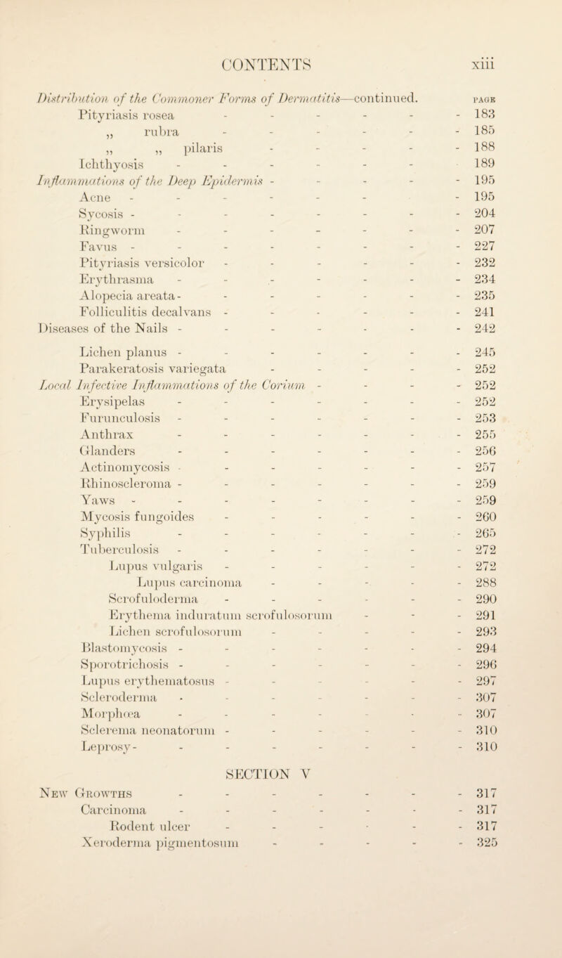 Distribution of the Commoner Forms of Dermatitis—continued. page Pityriasis rosea - - - - - - 183 ,, rubra - - - - - - 185 „ „ pilaris - - - - - 188 Ichthyosis - - - - - - 189 Inflammations of the Deep Epidermis - - - - - 195 Acne ------ - 195 Sycosis -------- 204 Ringworm ------- 207 Favus -------- 227 Pityriasis versicolor ------ 232 Erythrasma ------- 234 Alopecia areata- ------ 235 Folliculitis decalvans ------ 241 Diseases of the Nails ------- 242 Lichen planus ------- 245 Parakeratosis variegata ----- 252 Local Infective Inflammations of the Corium - 252 Erysipelas ------- 252 Furunculosis ------- 253 Anthrax ------- 255 Glanders ------- 256 Actinomycosis ------- 257 Rhinoscleroma ------- 259 Yaws -------- 259 Mycosis fungoides ------ 260 Syphilis ------- 265 Tuberculosis - - - - - - - 272 Lupus vulgaris - - - - - - 272 Lupus carcinoma ----- 288 Scrofuloderma ------ 290 Erythema induration scrofulosorum - - - 291 Lichen scrofulosorum ----- 293 Blastomycosis ------- 294 Sporotrichosis ------- 296 Lupus erythematosus ------ 297 Scleroderma ------- 307 Morphoea ------- 307 Sclerema neonatorum - - - - - - 310 Leprosy- - - - - - - - 310 SECTION Y New Growths - - - - - - - 317 Carcinoma - - - - - - - 317 Rodent ulcer - - - • - 317 Xeroderma pigmentosum - 325