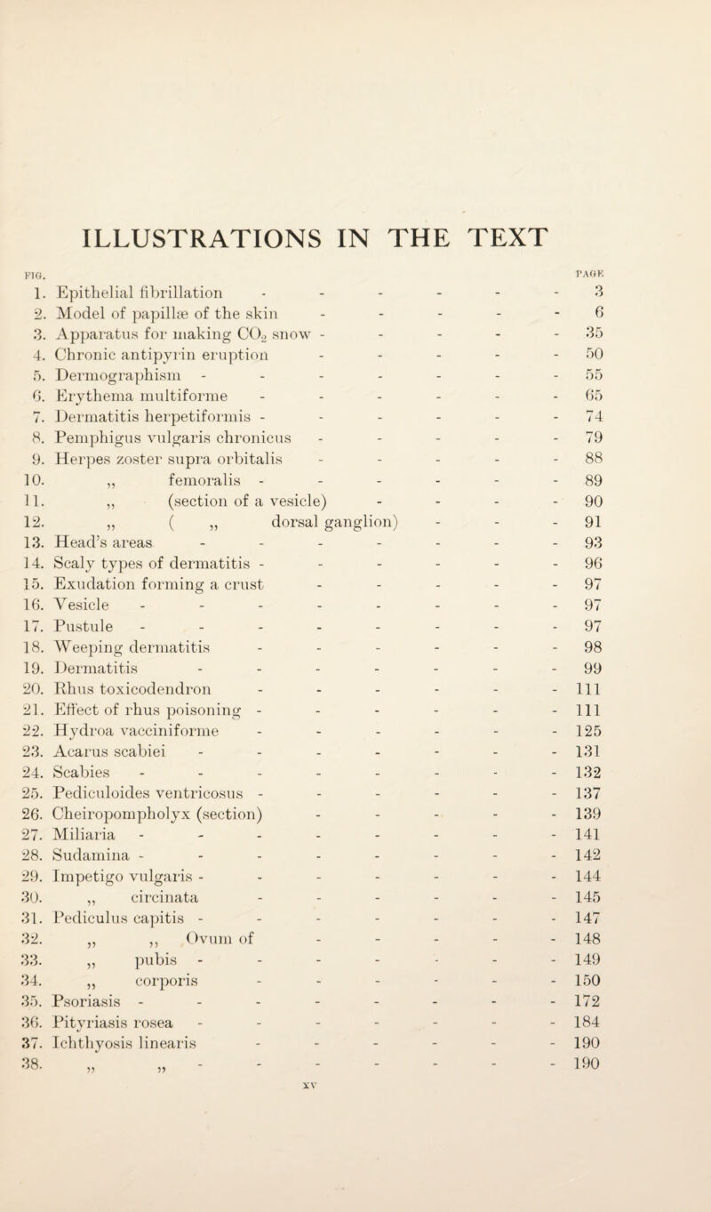 ILLUSTRATIONS IN THE TEXT PTG. 1. Epithelial fibrillation _ _ - - PAGE 3 2. Model of papillae of the skin - - - - 6 3. Apparatus for making C02 snow - - - - - 35 4. Chronic antipyrin eruption - - - - 50 5. Dermographism - - - - 55 6. Erythema multiforme - - - - 65 7. Dermatitis herpetiformis - - - - - 74 8. Pemphigus vulgaris chronicus - - - - 79 9. Herpes zoster supra orbitalis - - - - 88 10. ,, femoralis - - - - 89 11. „ (section of a vesicle) - - - - 90 12. „ ( „ dorsal ganglion) - - - 91 13. Head’s areas - - - - 93 14. Scaly types of dermatitis - - - - - 96 15. Exudation forming a crust - - - - 97 16. Vesicle - - - - - 97 17. Pustule - - - - - 97 18. Weeping dermatitis - - - - 98 19. Dermatitis - - - - 99 20. Rhus toxicodendron - - - - 111 21. Effect of rhus poisoning - - - - - 111 22. Hydroa vacciniforme - - - - 125 23. Acarus scabiei ... - - - - 131 24. Scabies - - - - - 132 25. Pediculoides ventricosus - - - - - 137 26. Cheiropompholyx (section) - - - - 139 27. Miliaria - - - - - 141 28. Sudamina - - - - - 142 29. Impetigo vulgaris - - - - - 144 30. ,, circinata - - - - 145 31. Pediculus capitis - - - - - 147 32. ,, ,, Ovum of - - - - 148 33. „ pubis - - - - 149 34. ,, corporis - - - - 150 35. Psoriasis - - - - - - - 172 36. Pityriasis rosea - - - - - 184 37. Ichthyosis linearis - - - - 190 38. V 55 - - - - 190