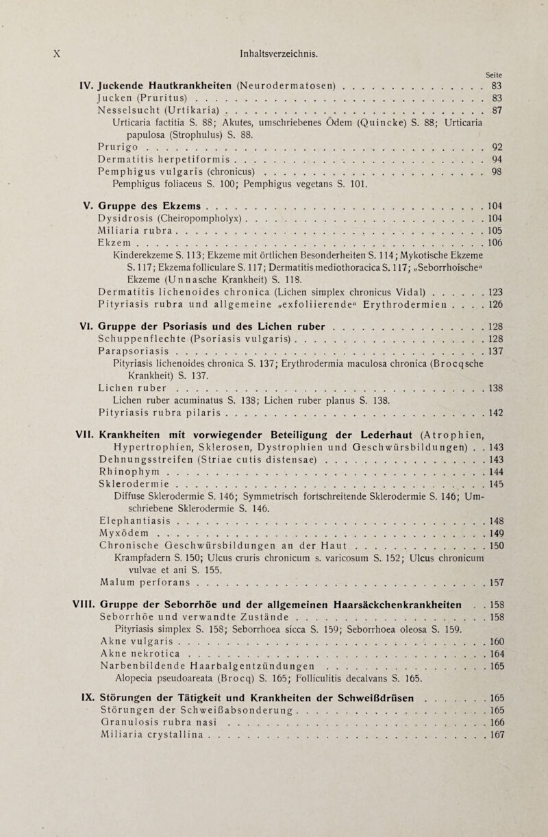 Seite IV. Juckende Hautkrankheiten (Neurodermatosen).83 Jucken (Pruritus).83 Nesselsucht (Urtikaria).87 Urticaria factitia S. 88; Akutes, umschriebenes Ödem (Quincke) S. 88; Urticaria papulosa (Strophulus) S. 88. Prurigo.92 Dermatitis herpetiformis.94 Pemphigus vulgaris (chronicus).98 Pemphigus foliaceus S. 100; Pemphigus vegetans S. 101. V. Gruppe des Ekzems.104 Dysidrosis (Cheiropompholyx).104 Miliaria rubra.105 Ekzem.106 Kinderekzeme S. 113; Ekzeme mit örtlichen Besonderheiten S. 114; Mykotische Ekzeme S. 117; Ekzemafolliculare S. 117; Dermatitis mediothoracicaS. 117; „Seborrhoische« Ekzeme (Unnasche Krankheit) S. 118. Dermatitis lichenoides chronica (Lichen simplex chronicus Vidal).123 Pityriasis rubra und allgemeine „exfoliierende Erythrodermien .... 126 VI. Gruppe der Psoriasis und des Lichen ruber.128 Schuppenflechte (Psoriasis vulgaris).128 Parapsoriasis.137 Pityriasis lichenoides, chronica S. 137; Erythrodermia maculosa chronica (Brocqsche Krankheit) S. 137. Lichen ruber.138 Lichen ruber acuminatus S. 138; Lichen ruber planus S. 138. Pityriasis rubra pilaris.142 VII. Krankheiten mit vorwiegender Beteiligung der Lederhaut (Atrophien, Hypertrophien, Sklerosen, Dystrophien und Geschwürsbildungen) . . 143 Dehnungsstreifen (Striae cutis distensae).143 Rhinophym.144 Sklerodermie.145 Diffuse Sklerodermie S. 146; Symmetrisch fortschreitende Sklerodermie S. 146; Um¬ schriebene Sklerodermie S. 146. Elephantiasis.148 Myxödem.149 Chronische Geschwürsbildungen an der Haut.150 Krampfadern S. 150; Ulcus cruris chronicum s. varicosum S. 152; Ulcus chronicum vulvae et ani S. 155. Malum perforans.157 VIII. Gruppe der Seborrhöe und der allgemeinen Haarsäckchenkrankheiten . . 158 Seborrhöe und verwandte Zustände.158 Pityriasis simplex S. 158; Seborrhoea sicca S. 159; Seborrhoea oleosa S. 159. Akne vulgaris.160 Akne nekrotica.164 Narbenbildende Haarbalgentzündungen .165 Alopecia pseudoareata (Brocq) S. 165; Folliculitis decalvans S. 165. IX. Störungen der Tätigkeit und Krankheiten der Schweißdrüsen.165 Störungen der Schweißabsonderung.165 Granulosis rubra nasi.166 Miliaria crystallina.167