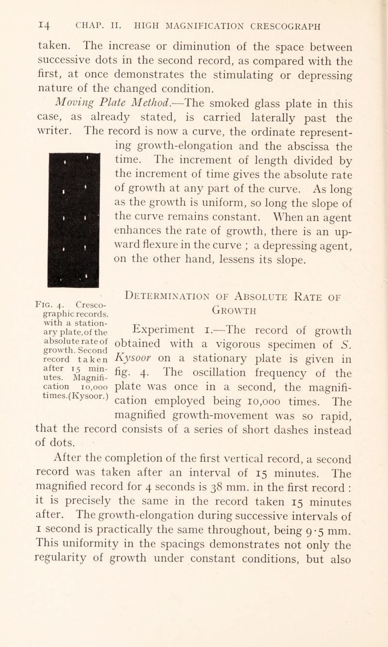 taken. The increase or diminution of the space between successive dots in the second record, as compared with the first, at once demonstrates the stimulating or depressing nature of the changed condition. Moving Plate Method.—The smoked glass plate in this case, as already stated, is carried laterally past the writer. The record is now a curve, the ordinate represent- ing growth-elongation and the abscissa the time. The increment of length divided by the increment of time gives the absolute rate of growth at any part of the curve. As long as the growth is uniform, so long the slope of the curve remains constant. When an agent enhances the rate of growth, there is an up- ward flexure in the curve ; a depressing agent, on the other hand, lessens its slope. Fig. 4. Cresco- graphic records, with a station- ary plate, of the absolute rate of growth. Second record taken after 15 min- utes. Magnifi- cation 10,000 times. (Kysoor.) Determination of Absolute Rate of Growth Experiment 1.—The record of growth obtained with a vigorous specimen of 5. Kysoor on a stationary plate is given in fig. 4. The oscillation frequency of the plate was once in a second, the magnifi- cation employed being 10,000 times. The magnified growth-movement was so rapid, that the record consists of a series of short dashes instead of dots. After the completion of the first vertical record, a second record was taken after an interval of 15 minutes. The magnified record for 4 seconds is 38 mm. in the first record : it is precisely the same in the record taken 15 minutes after. The growth-elongation during successive intervals of 1 second is practically the same throughout, being 9-5 mm. This uniformity in the spacings demonstrates not only the regularity of growth under constant conditions, but also
